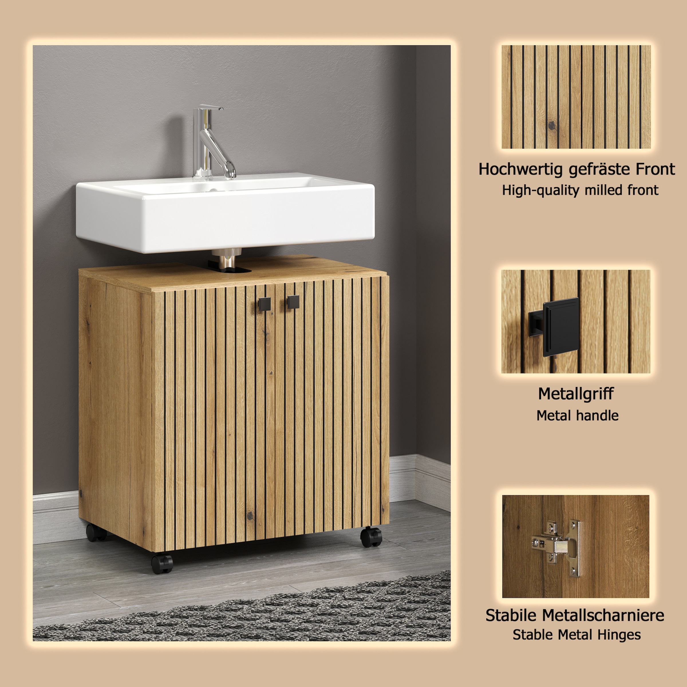 welltime Waschbeckenunterschrank »Amrum«, Waschtisch auf Rollen - (B/T/H) wahlweise 60-80/42/64 cm
