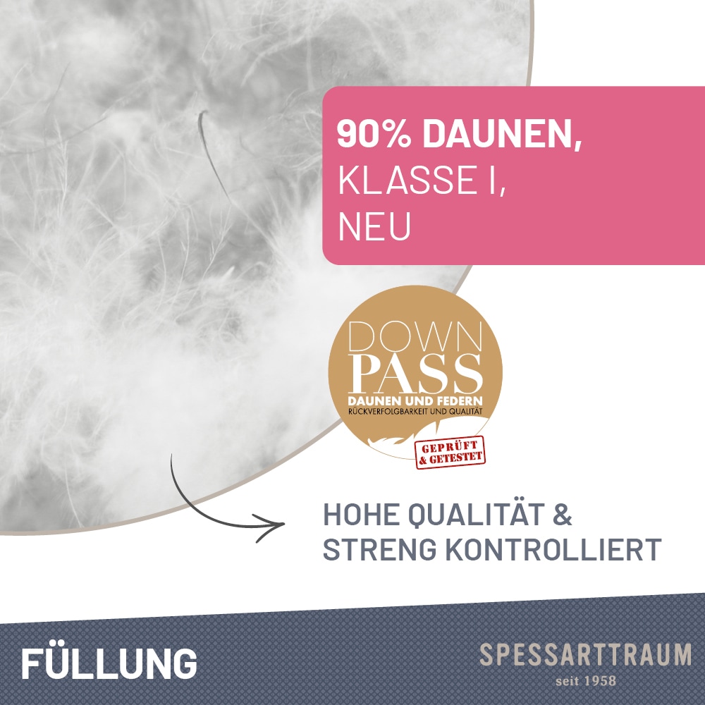 SPESSARTTRAUM Daunenbettdecke »First Class«, normal, Füllung 90% Daunen / 10% Federn, Klasse 1, Downpass zertifiziert, Bezug 100% Baumwolle, Made in Green, Hausstauballergiker geeignet, (1 St.), 5 Wärmeklassen & 6 Grössen, Bestseller