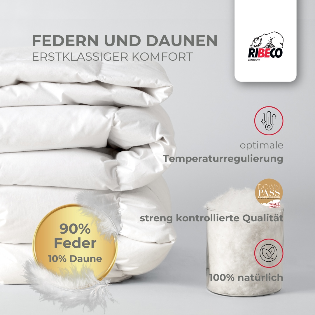 RIBECO Federbettdecke + Federkissen »Laram, 2-tlg. Naturprodukt zum TOP-Preis!«, (Spar-Set), Decke mit Kissen, verschiedene Grössen, Bettdecke 135x200, 155x220 cm