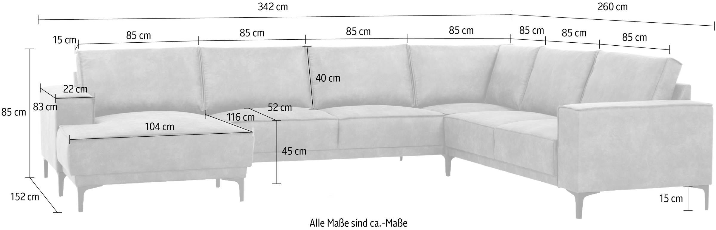 Places of Style Wohnlandschaft »XXL Sofa Oland, Struktur, Flachgewebe, Luxus-Microfaser, Boucle«, U-Form, 342 cm, Wellenunterfederung, Skandi-Design, Metallfüsse