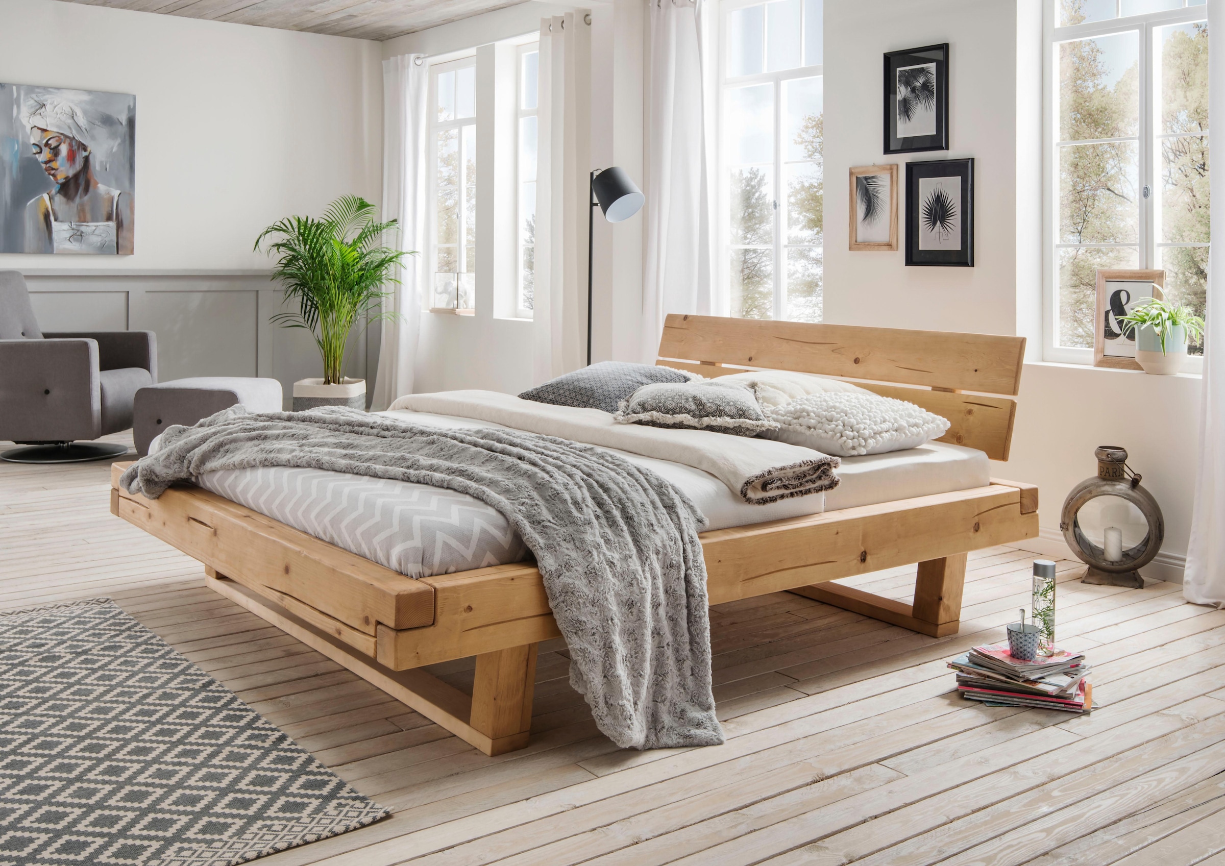 Home affaire Massivholzbett »Ultima Balkenbett Doppelbett, Füsse mit Kufenform«, (hohe Belastbarkeit: 200kg je Seite), FSC®-zertifizierte Wildeiche oder Fichte, viele Breiten zur Auswahl