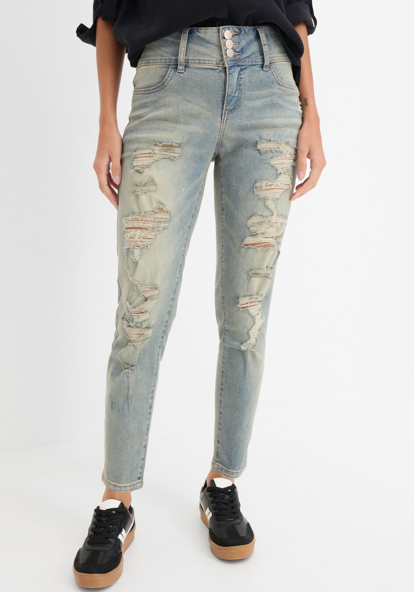 bonprix Skinny-fit-Jeans "Skinny Jeans High Waist, Stretch" Skinny-fit, mit breitem High Waist Bund, coole Destroyed Effekte