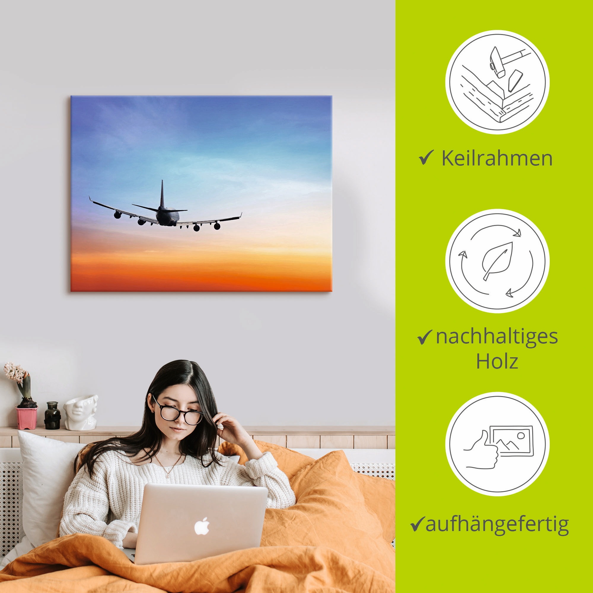 Artland Wandbild »Flugzeug vor orange/blauem Abendhimmel«, Flugzeuge & Helikopter, (1 St.), als Leinwandbild, Wandaufkleber in verschied. Grössen