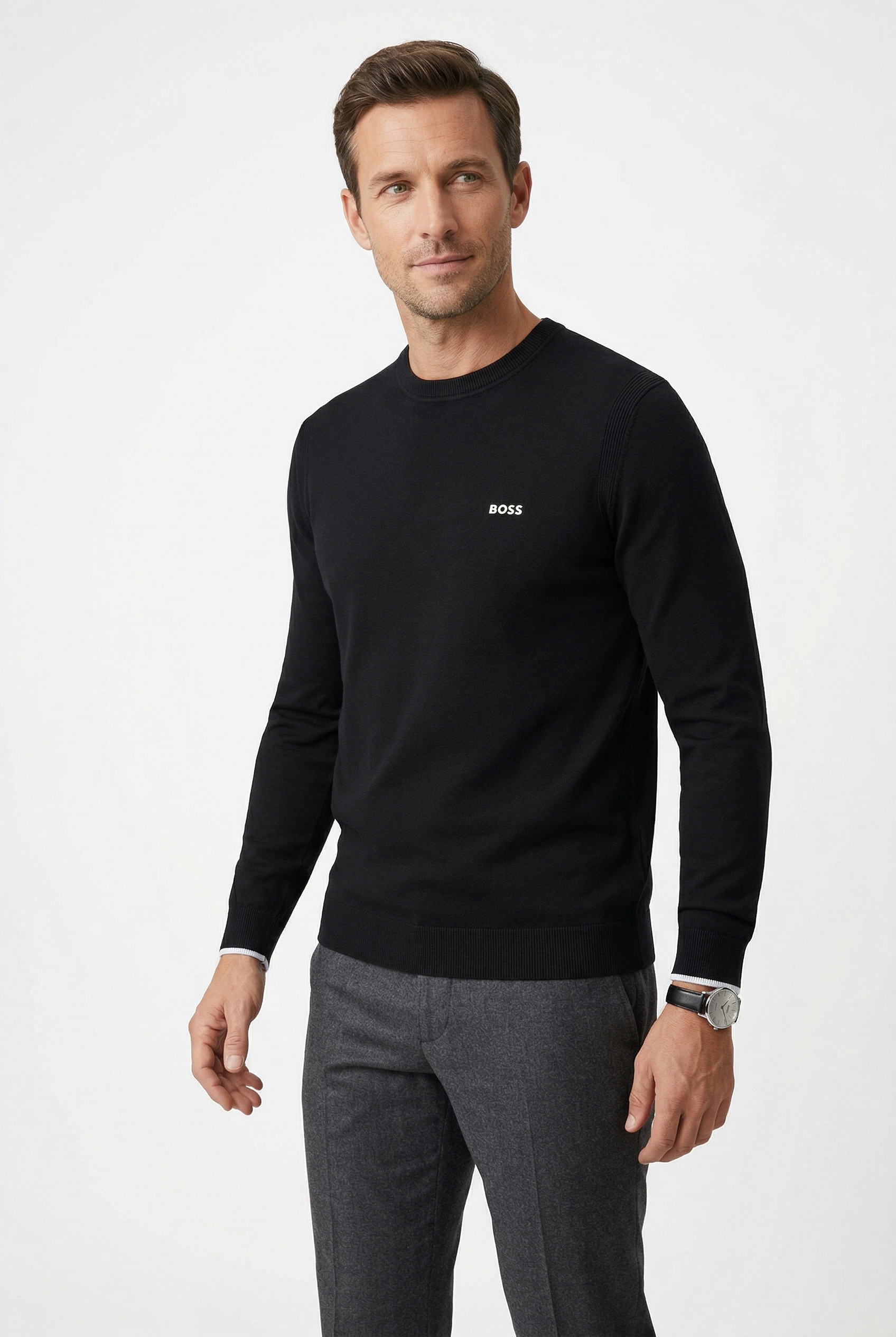 BOSS GREEN Strickpullover Rundhalsausschnitt, Regular Fit, Logo-Print