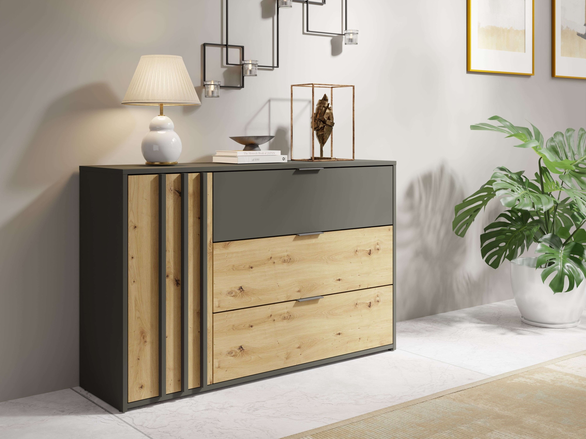 Home affaire Kommode »Kommode Loreto mit 3 Schubladen und eine Tür, B/T/H 125/36/80 cm« Kommode mit Schubladen und Drehtür sowie MDF-Lamellen