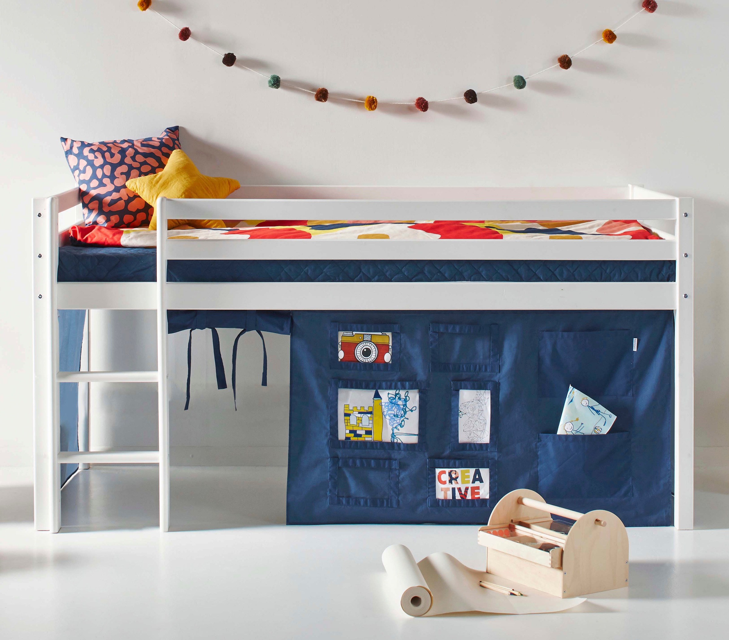 Hoppekids Hochbett »ECO Dream, Kinderbett, Spielbett, Halbhohes Bett aus Massivholz«, inkl. Vorhang-Set Creator, Bettgrösse & Matratze wählbar