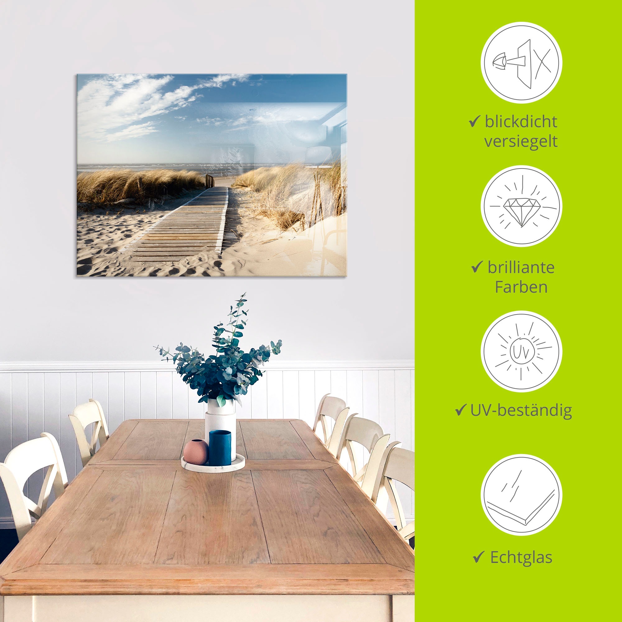 Artland Glasbild »Nordseestrand auf Langeoog - Steg«, Strand, (1 St.), in verschiedenen Grössen