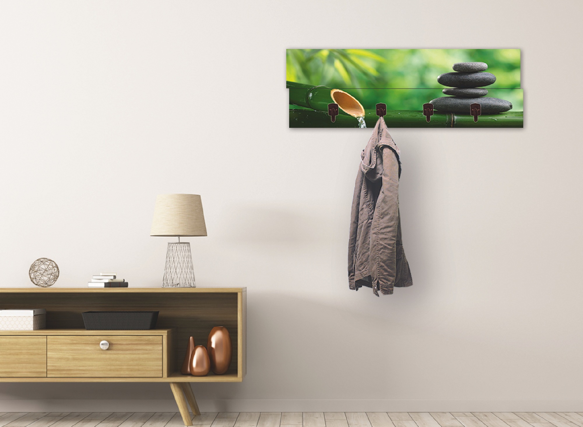 Image of Ackermann - Artland Garderobenpaneel »Bambusbrunnen und Zen-Stein«, platzsparende Wandgarderobe aus Holz mit 4 Haken, geeignet für kleinen, schmalen Flur, Flurgarderobe einkaufen bei Ackermann Versand Schweiz