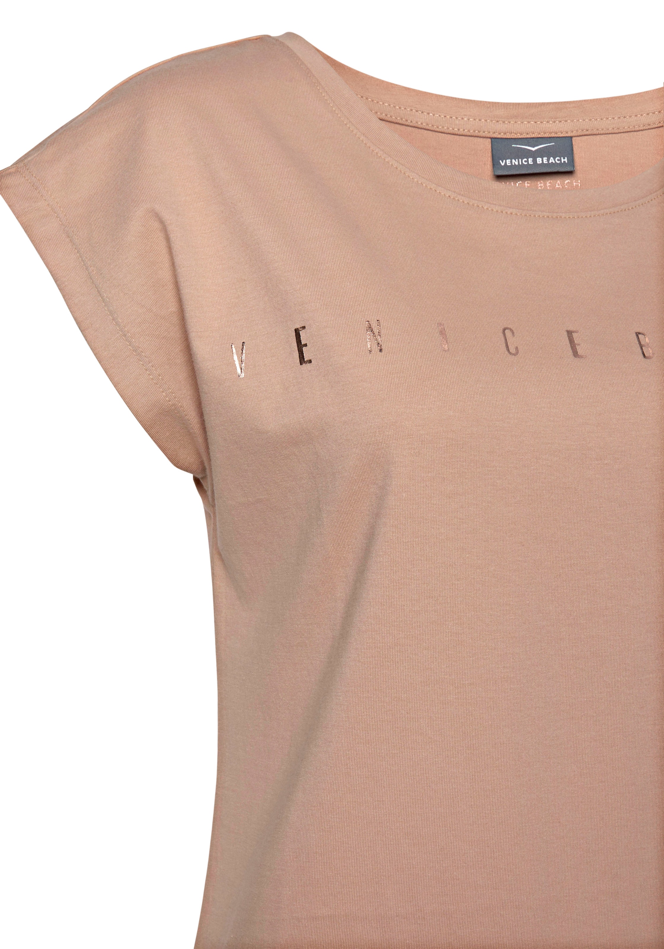 T-Shirt mit Venice aus Schweiz bei Logodruck, online Jelmoli-Versand Kurzarmshirt, kaufen Baumwolle Beach glänzendem