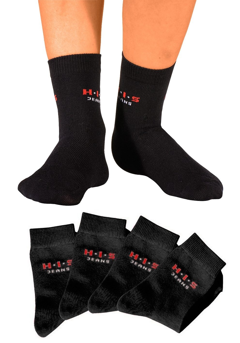 H.I.S Basicsocken "Kinder Damen Herren Socken natürliche Baumwolle" Packung, 4 Stk. tlg. mit kontrasfarbenem Logo