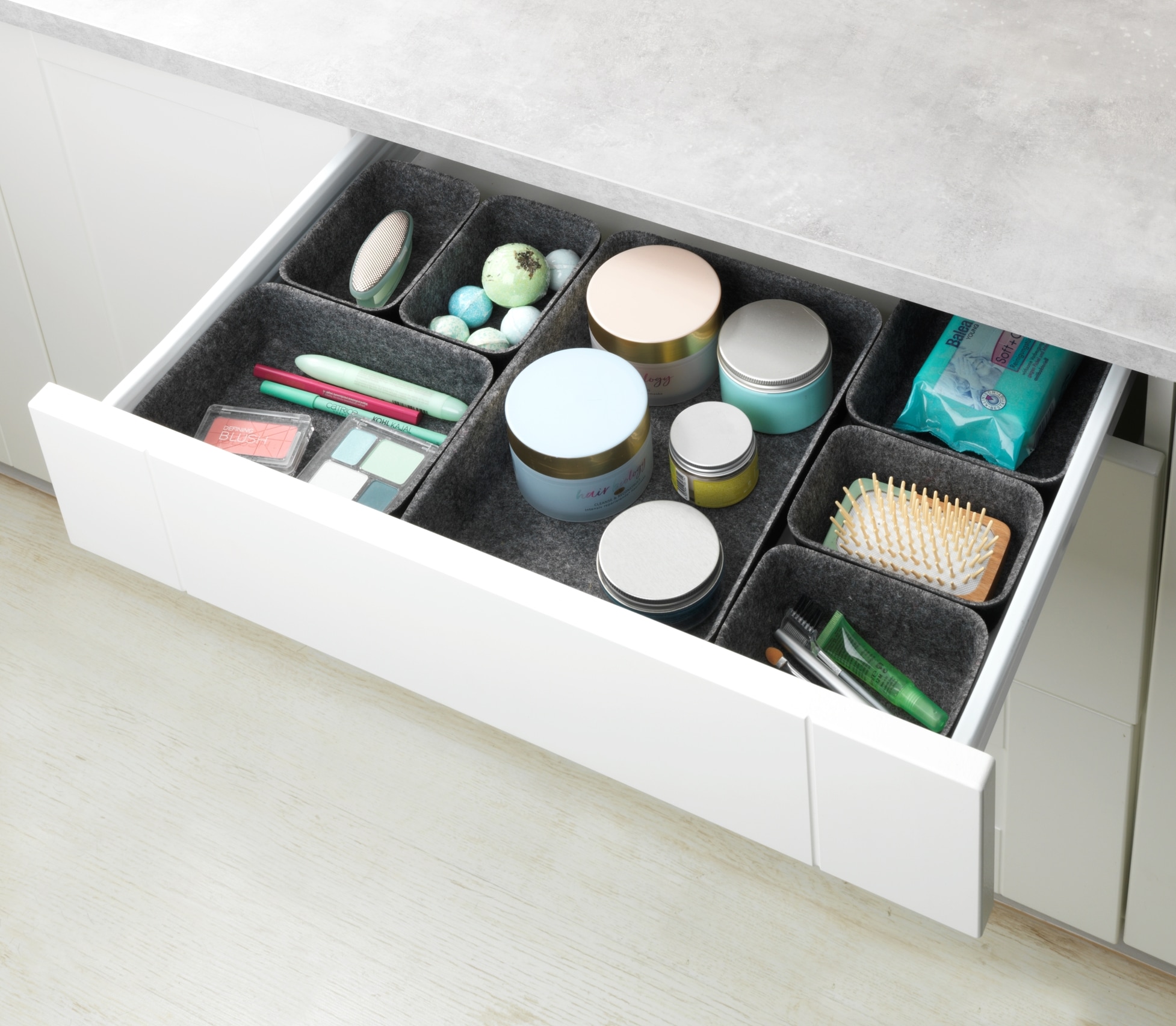 WENKO Organizer, (Set, 7 St.), Aufbewahrungsboxen für Schubladen, 3 Grössen, recycelter Polyesterfilz