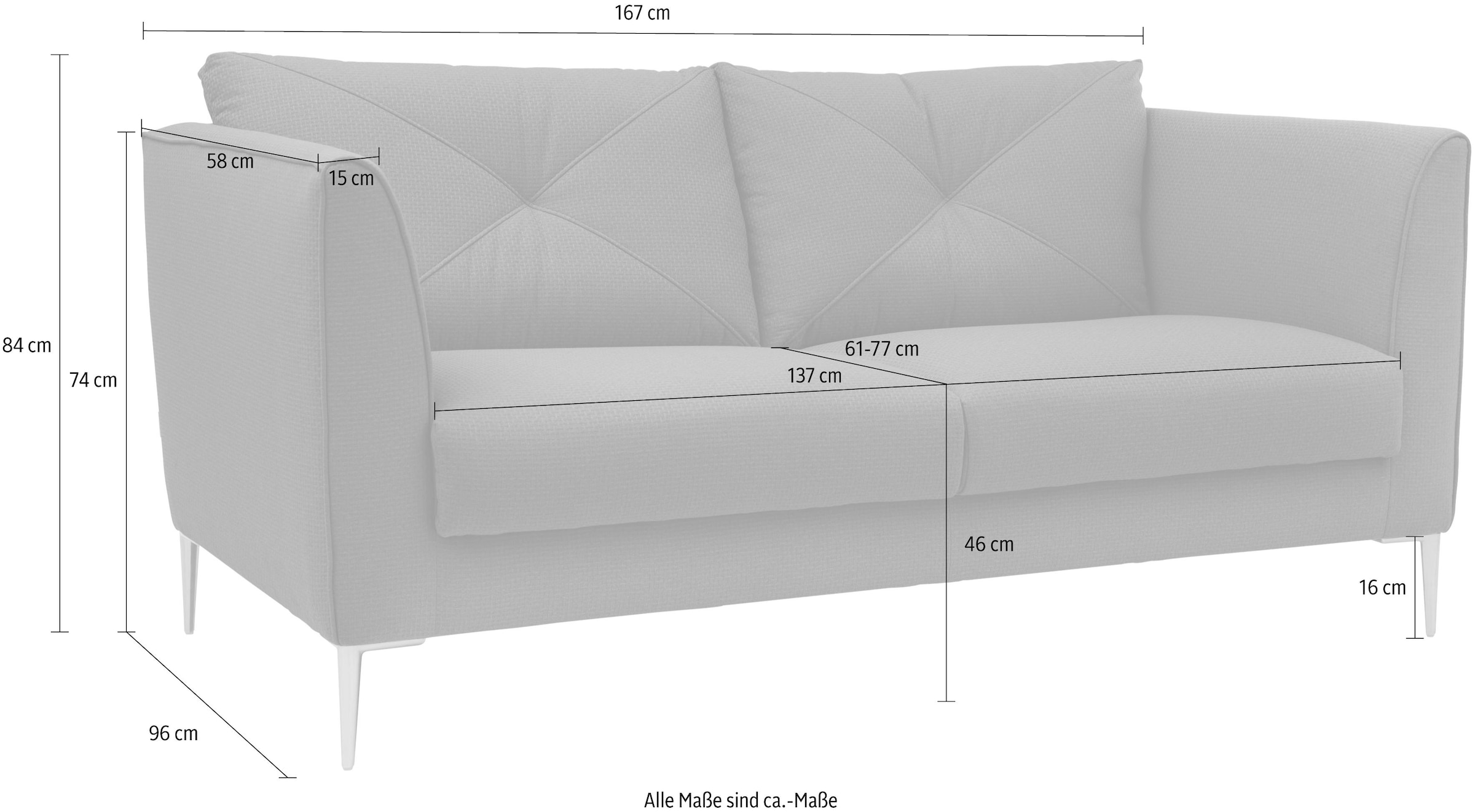 Guido Maria Kretschmer Home&Living 2-Sitzer »Lille, modern, zeitlos und bequem, Komfortsitzhöhe 46cm, hohe Füsse«, Breite 167 cm