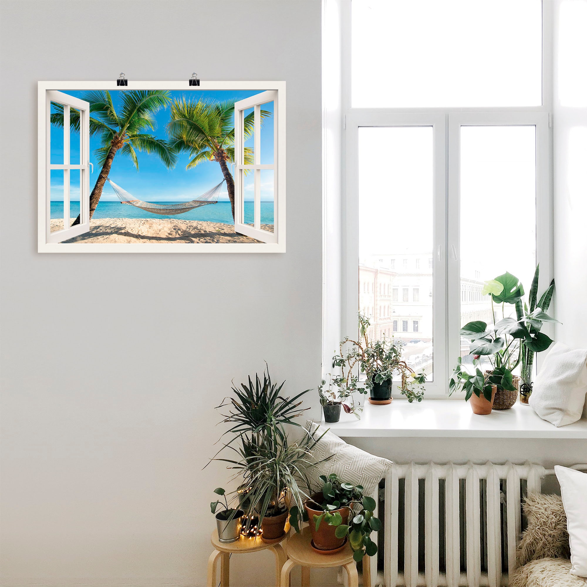 Artland Wandbild »Fensterblick Palmenstrand Karibik«, Amerika, (1 St.), als Alubild, Outdoorbild, Leinwandbild, Poster, Wandaufkleber