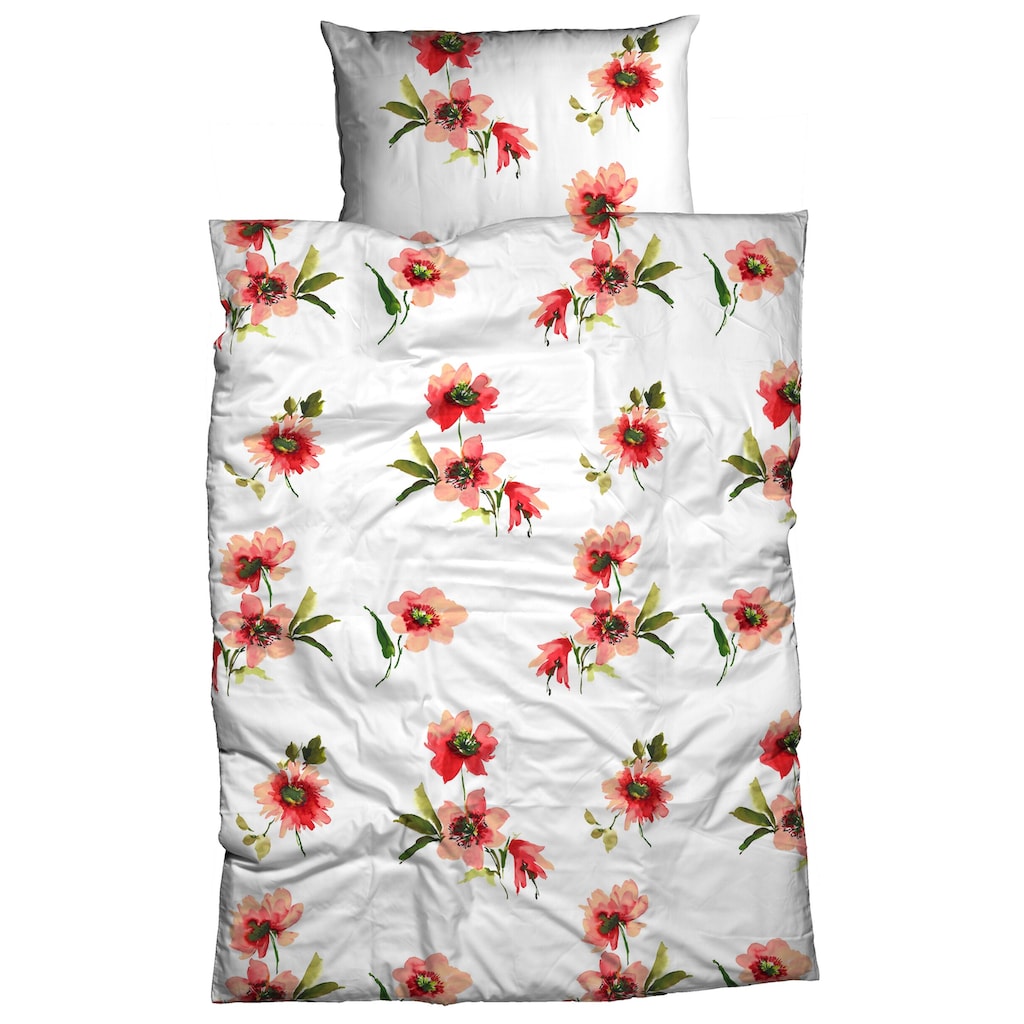 Nobilium Bettbezug »Hilla, Baumwoll-Jersey mit rot-orangefarbigen Blüten«, (1 St.), verdeckter Reissverschluss
