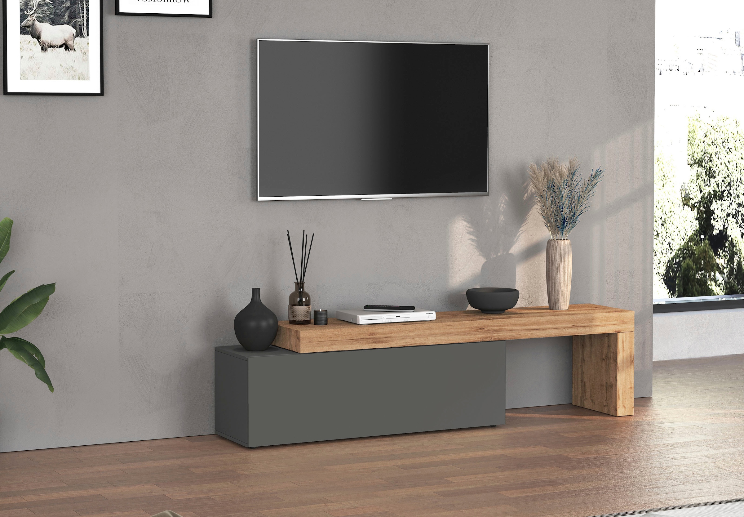 INOSIGN Lowboard »Chronos TV-Board, T-Schrank«, (1 St., Breite verstellbar von 180 bis 290 cm), Breite 240 cm TV-Board,Lowboard,1 Klappe und ein L-Förmiger Aufsatz
