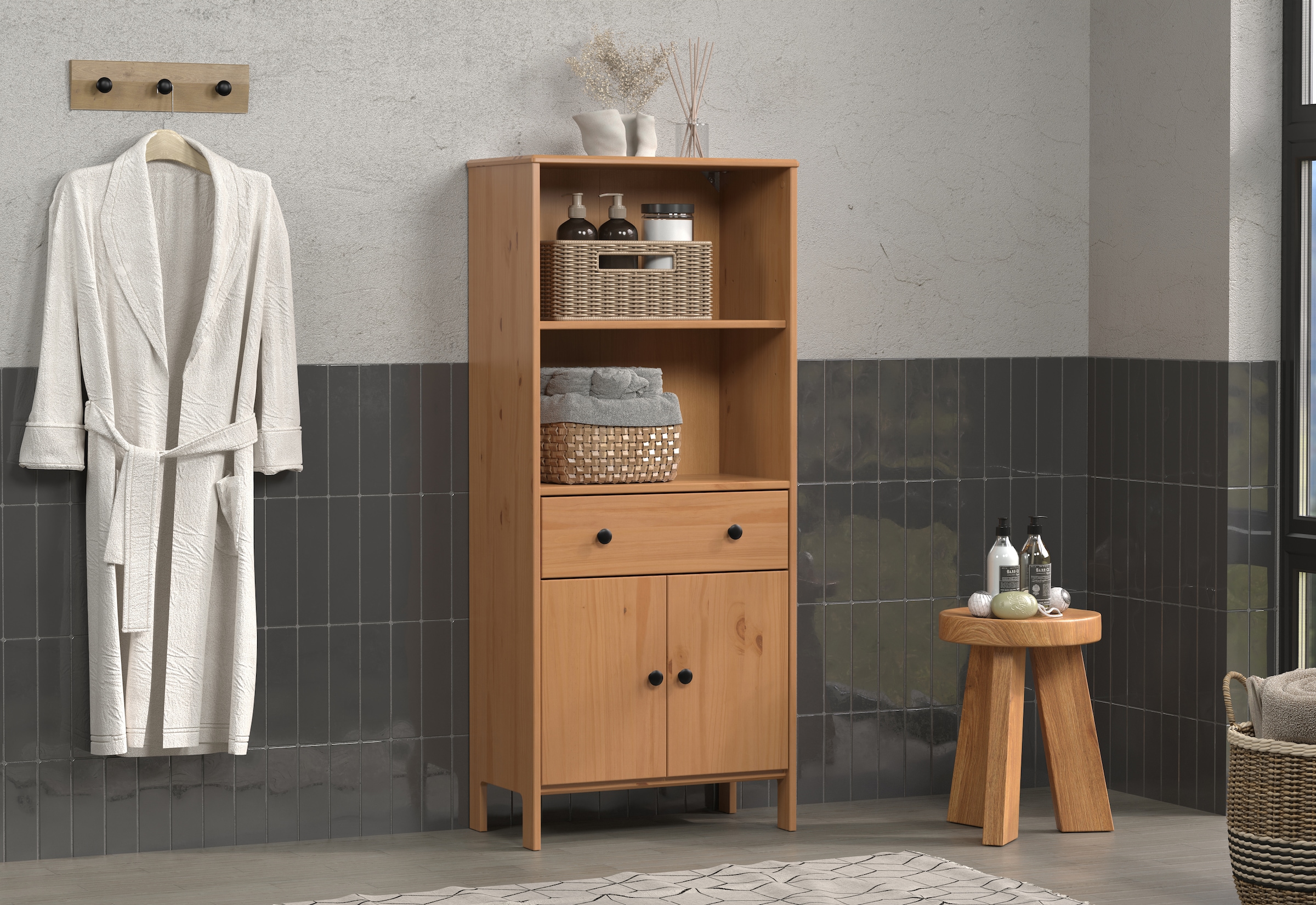 welltime Midischrank »Kall«, (1 St.), Breites Badregal aus Kiefer-Massivholz - Weiss oder Braun lackiert
