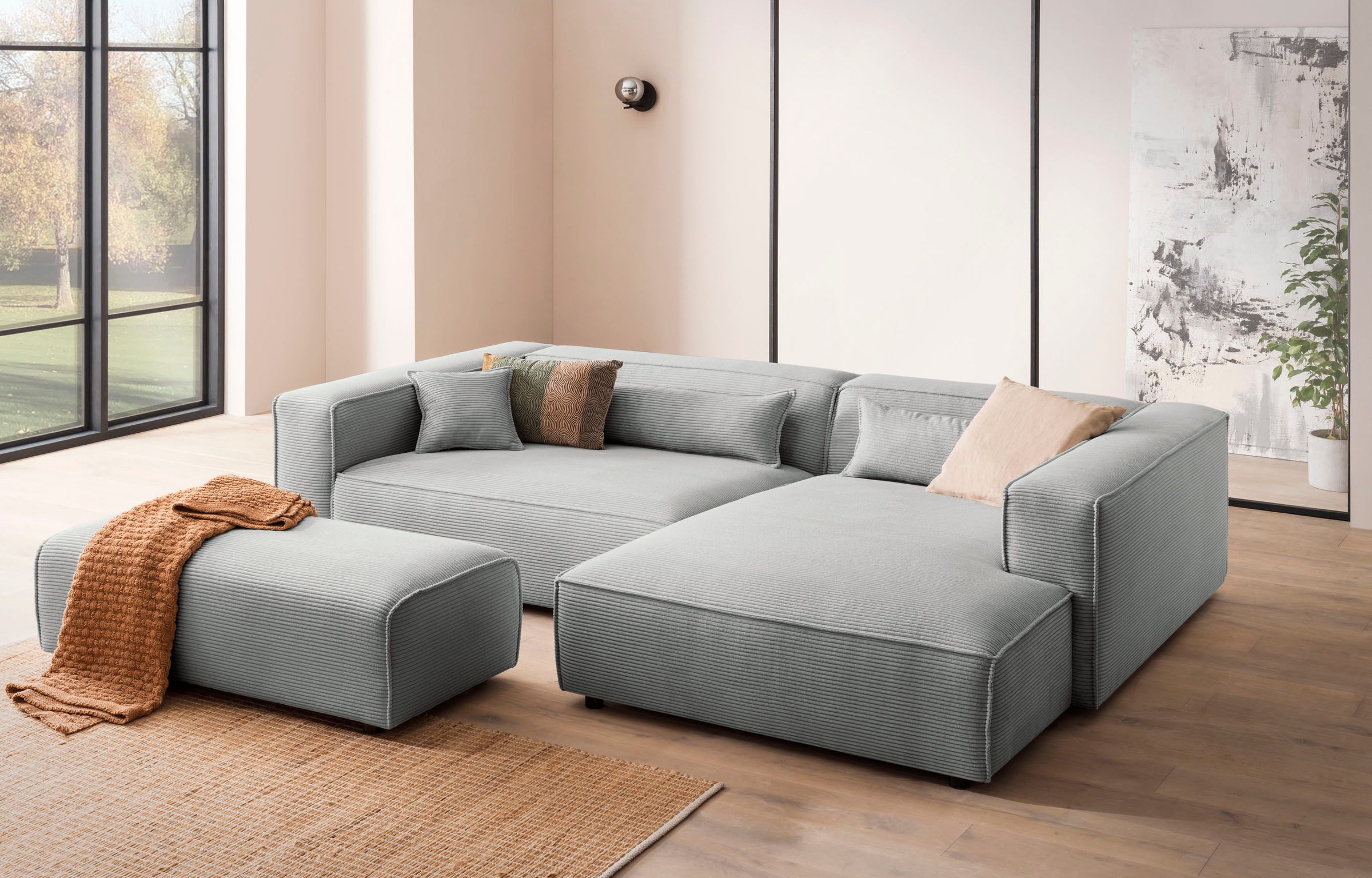 LeGer Home by Lena Gercke Polsterecke »PIARA XXL, L-Form mit Schlaffunktion, Big-Sofa in Cord o. Leinenoptik«, Hocker stellbar zum Schlafsofa (Krokodilverbinder), tiefe Sitzfläche