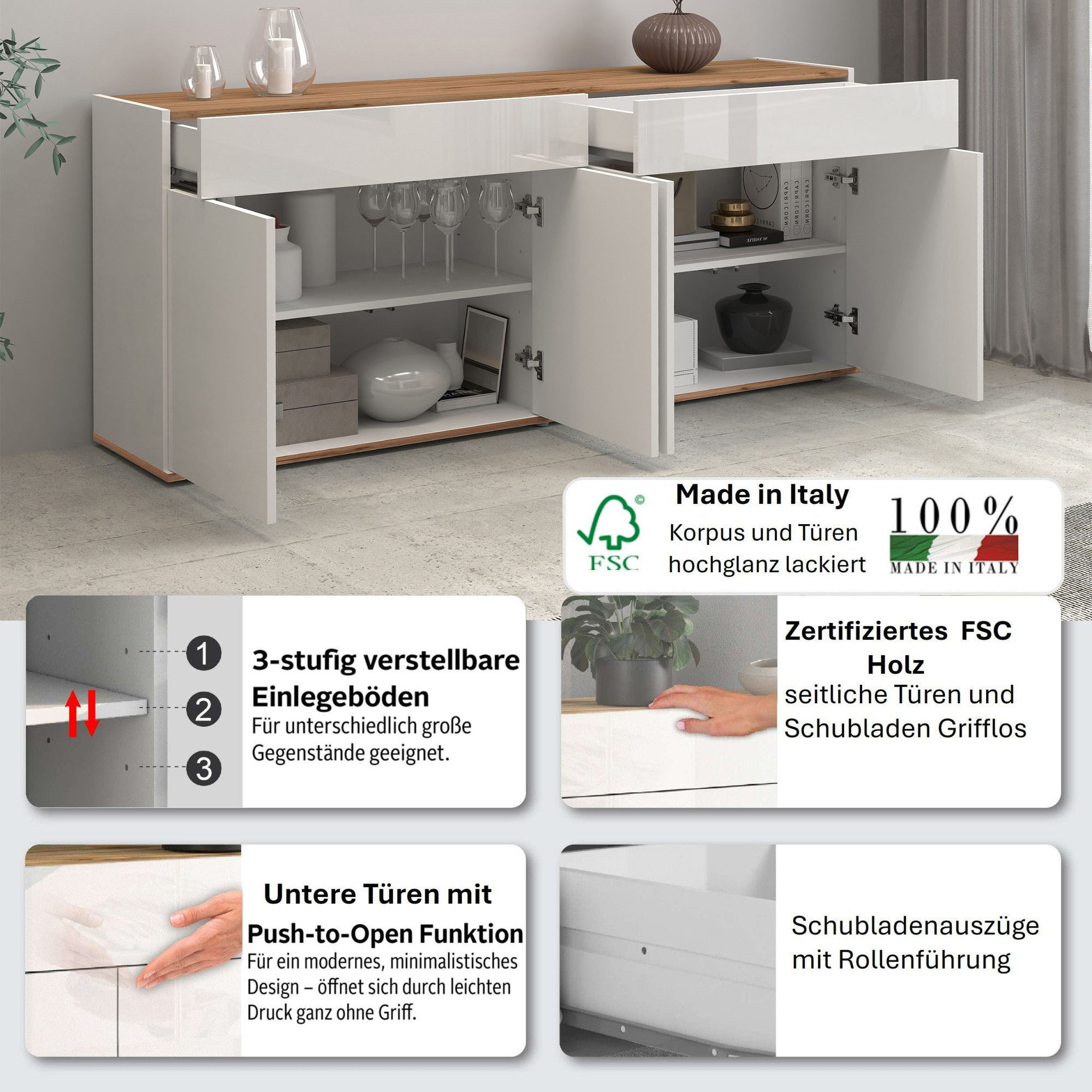 INOSIGN Sideboard »Garda, Kommode, Schrank, Kredenz«, 4 Türen, 2 Schubladen, grifflos Breite 160,1 cm