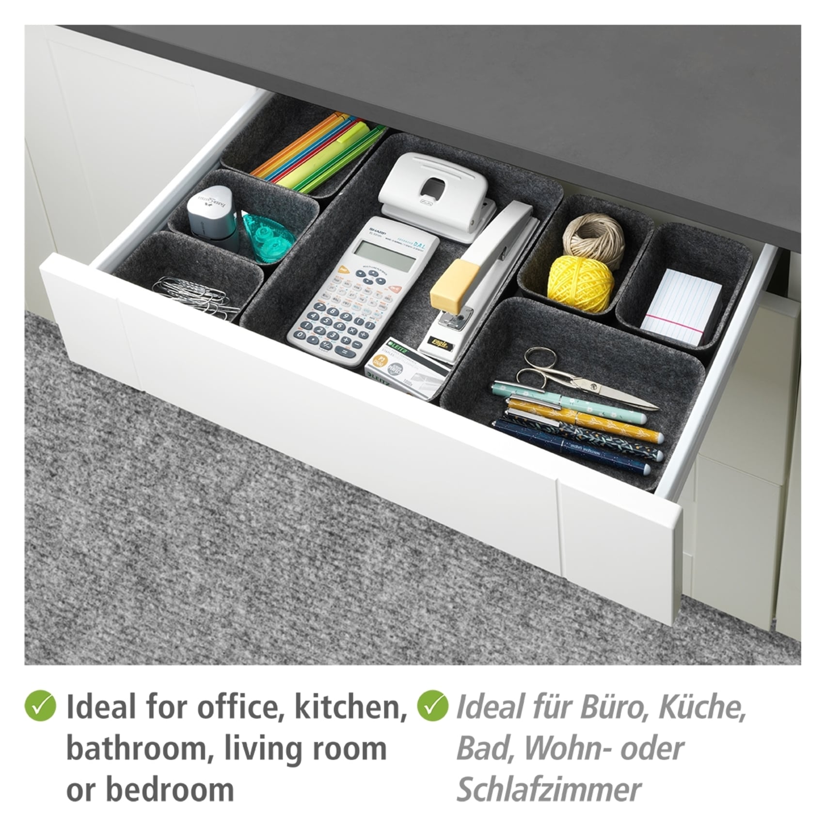 WENKO Organizer, (Set, 7 St.), Aufbewahrungsboxen für Schubladen, 3 Grössen, recycelter Polyesterfilz
