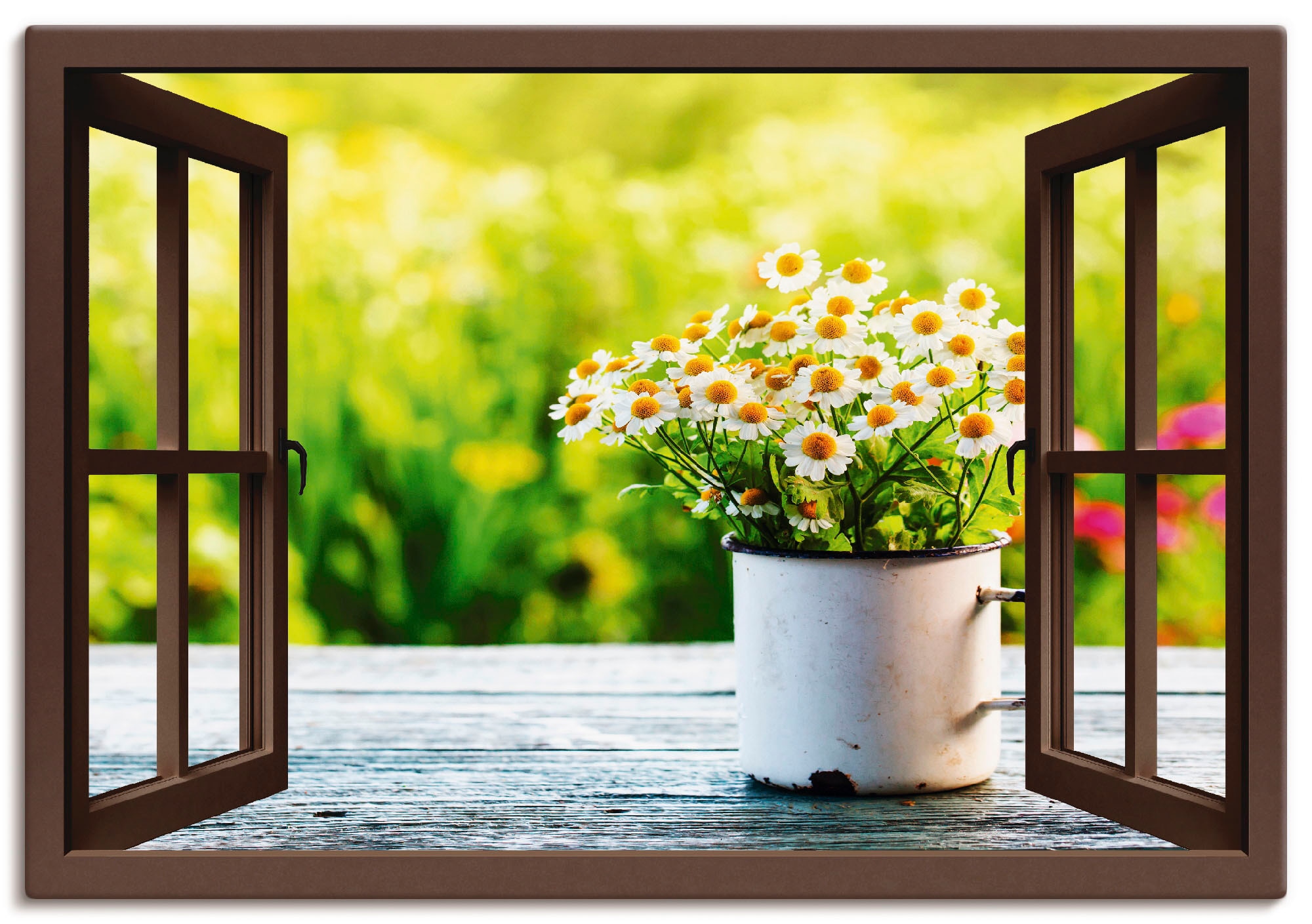 Artland Wandbild »Fensterblick Garten online (1 Gänseblümchen«, shoppen | oder als in Alubild, Wandaufkleber versch. Jelmoli-Versand Blumen, Leinwandbild, mit Poster St.), Grössen