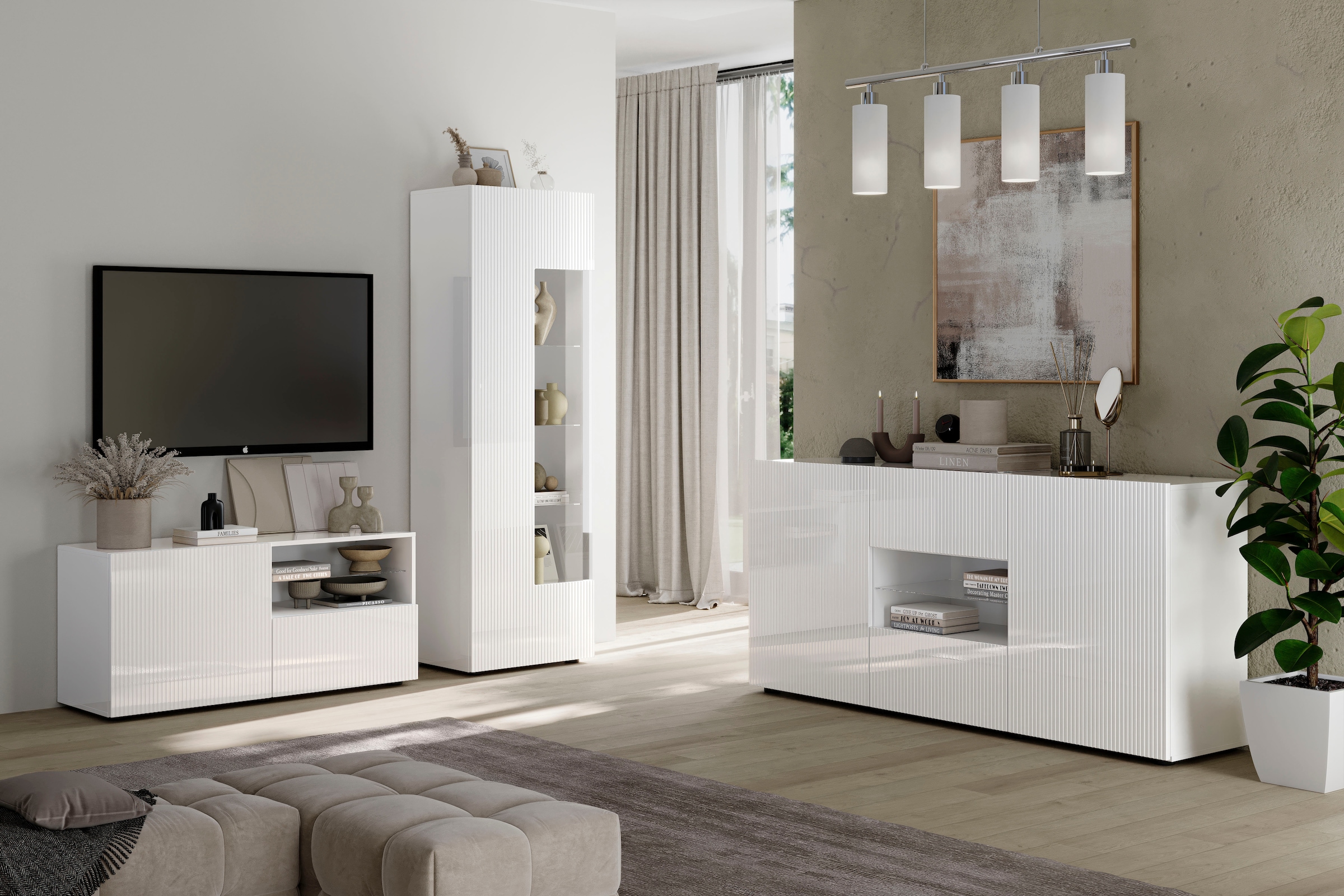 INOSIGN Vitrine »RIO, Höhe 187 cm, Hochschrank mit 1 Tür, Anrichte, Standvitrine«, Vitrinenschrank, geriffelte MDF-Front, modern, elegant, geräumig