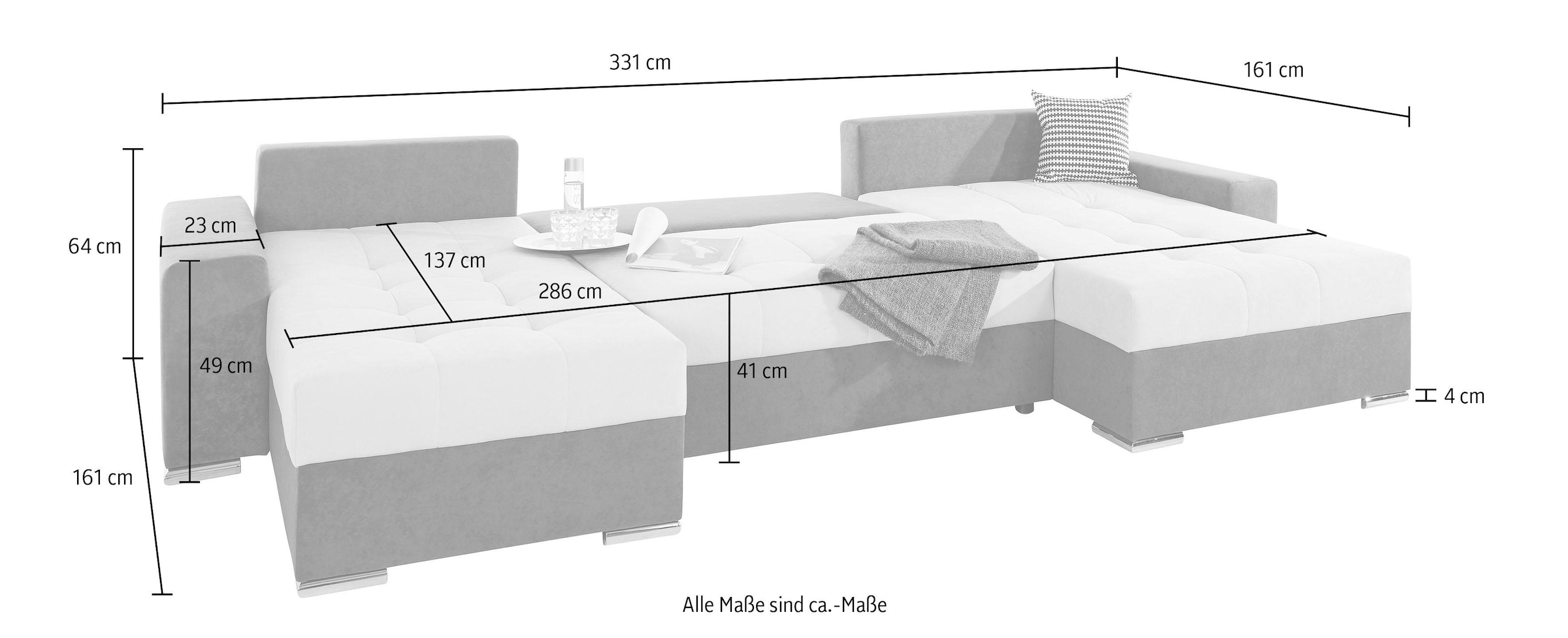 COLLECTION AB Wohnlandschaft »XXL-Josy U-Form, Breite 333 cm, mit 2 Recamieren 77 & 97 cm«, inkl. Bettfunktion, Bettkasten, mit 5 gleich grossen Rückenkissen