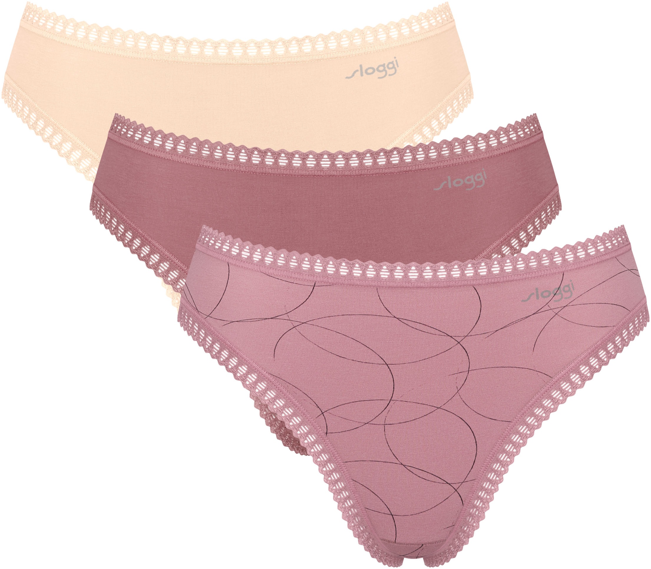 sloggi Tai-Slip »GO Crush« 3er Pack, hoher Beinausschnitt, Spitze, feminin, weich, elastisch, Baumwollmix