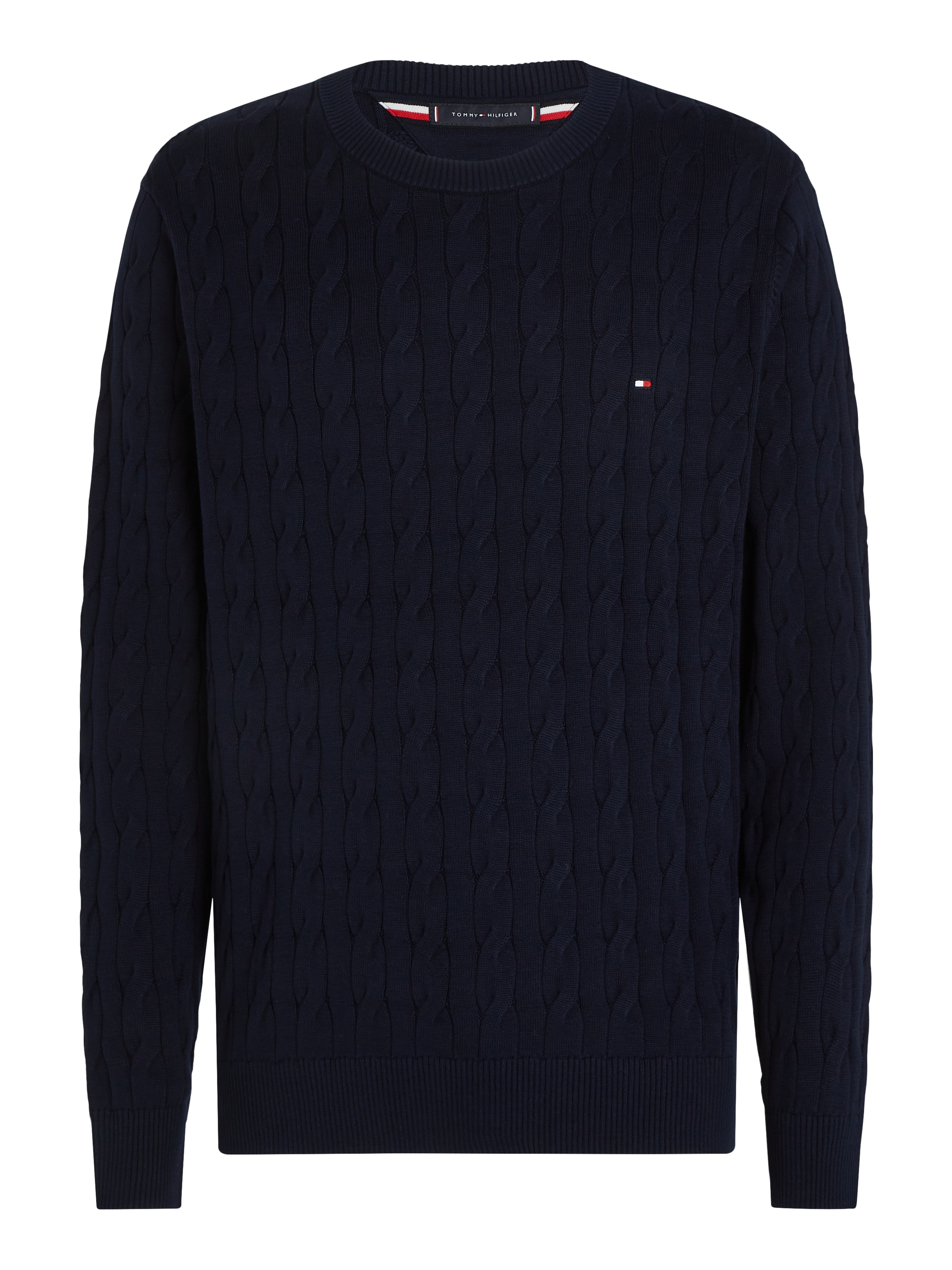 Tommy Hilfiger Strickpullover »CLASSIC CABLE CREW NECK mit Strukturstrick und Flaglabel«, unifarben, casual, regular fit, Baumwolle, Rundhals