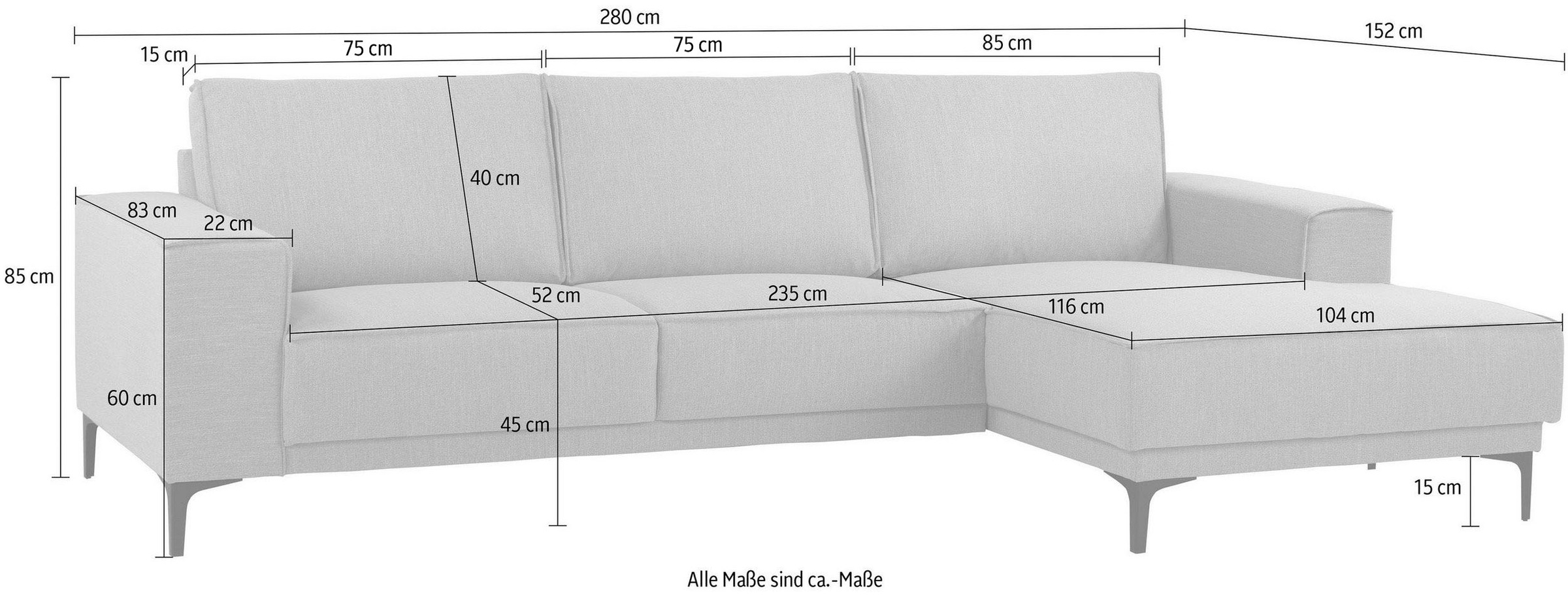 Places of Style Ecksofa »Oland«, 280 cm, im zeitlosem Design und hochwertiger Verabeitung