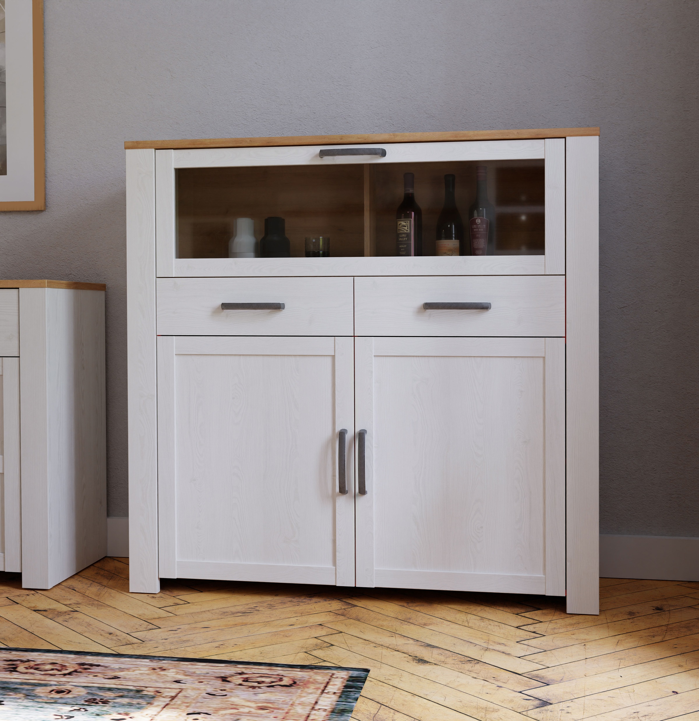 FORTE Highboard "Bohol, kleines Highboard, Klappe mit Glas, 2SK, 2Türen" B/H/T 126,4/125,4/42 cm Beleuchtung optional bestellbar