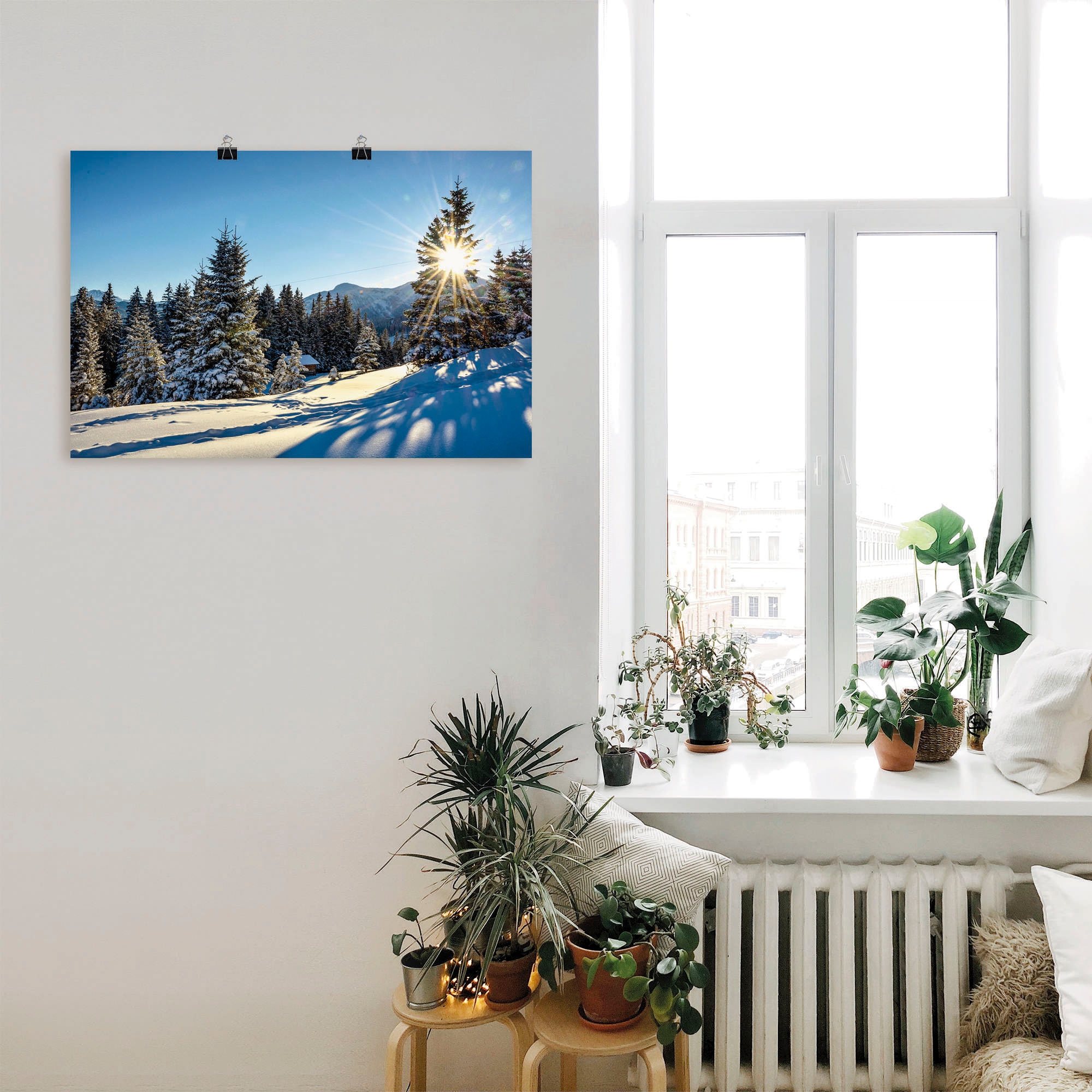 (1 »Winterlandschaft Jelmoli-Versand Berge, Artland Poster Grössen mit online Wandaufkleber | Wandbild versch. Sonnenstern«, Alubild, oder in St.), als Leinwandbild, bestellen
