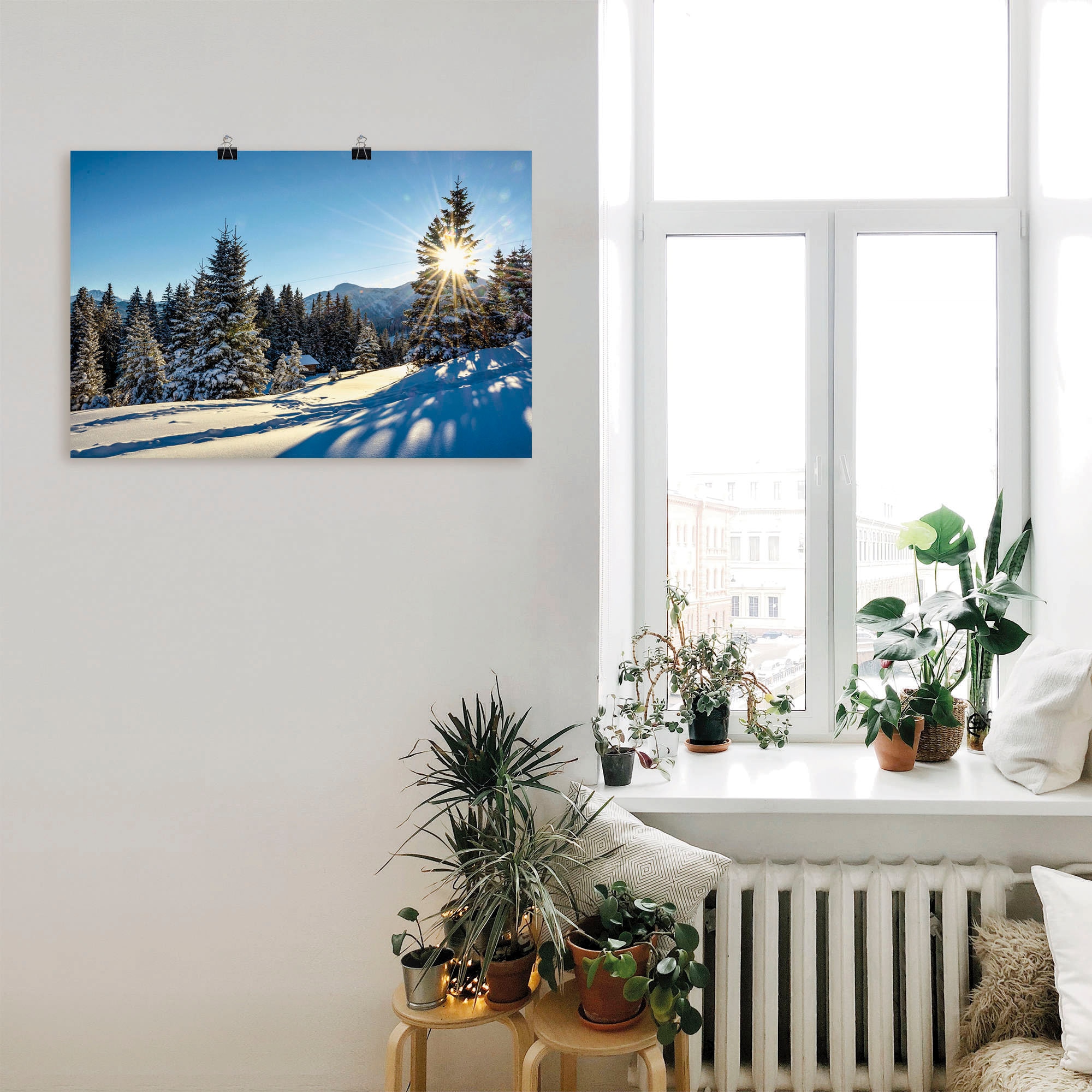 Artland Poster »Winterlandschaft mit Sonnenstern«, Berge, (1 St.), als Alubild, Leinwandbild, Wandaufkleber oder Poster in versch. Grössen