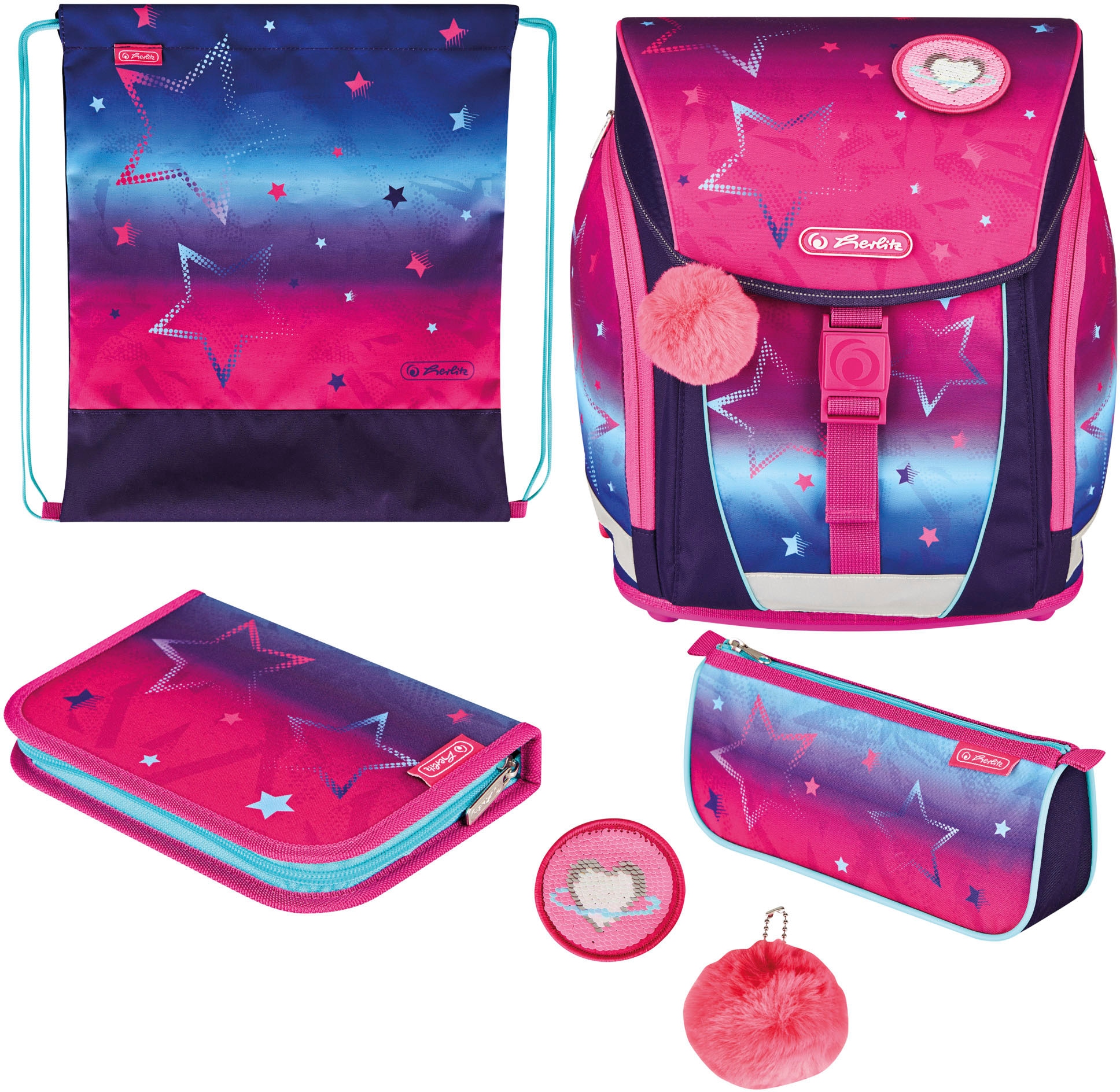 Schulranzen »FiloLight Plus, Pink Stars«, Floureszierende Flächen-reflektierende...