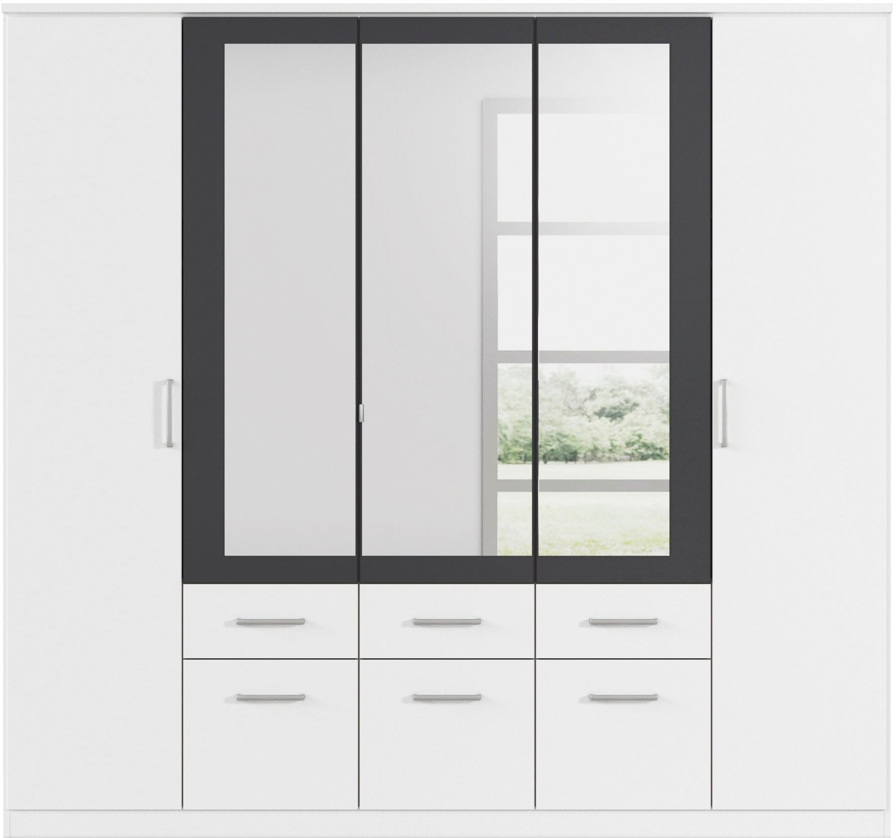 rauch Kleiderschrank »Drehtürenschrank Schrank Garderobe BURANO«, mit Schubladen und Spiegelumrandung in Farbabsetzung MADE IN GERMANY
