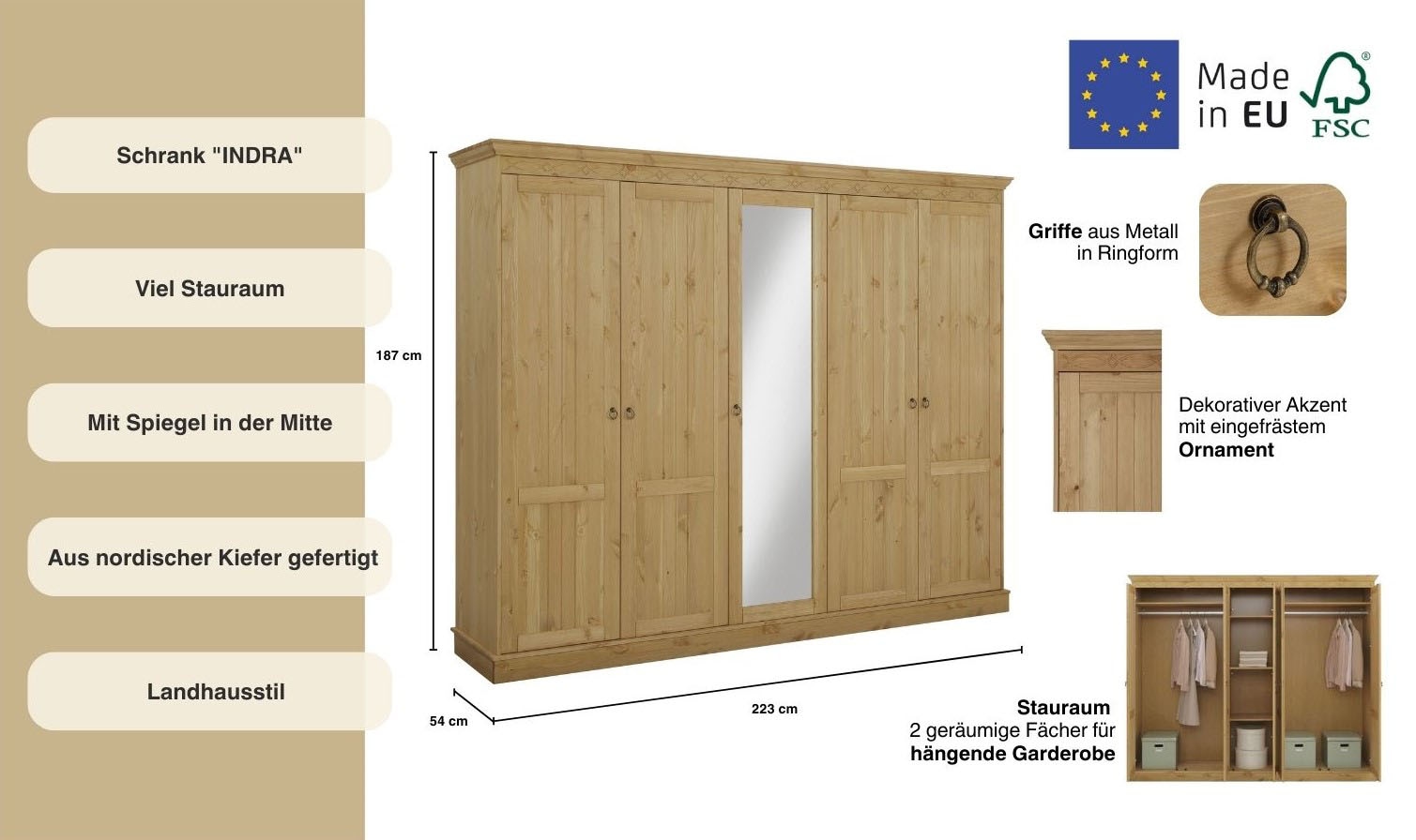 Home affaire Drehtürenschrank »Indra«, (3 Breiten: 100/145/233 cm H/T ca.187/54 cm), aus massiver Kiefer, mit Spiegel bei der 3- und 5trg.Variante
