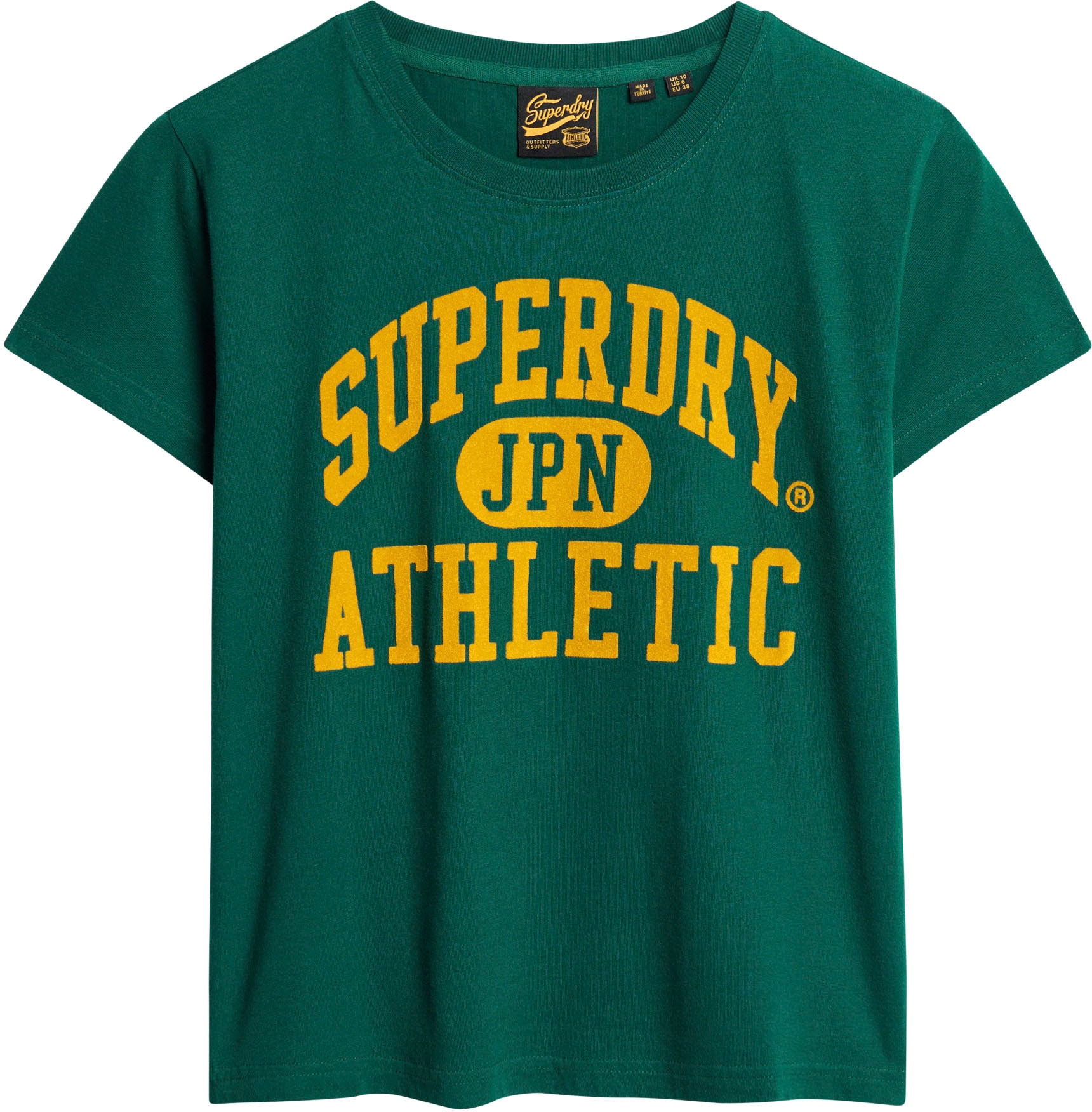 Superdry Print-Shirt »stylisches T-Shirt VARSITY FLOCKED FITTED TEE mit bedrucktem Design«, (Rundhals, Kurzarm, Logodruck, Frontdruck, Flockprint), normale Passform aus pflegeleichter Baumwolle