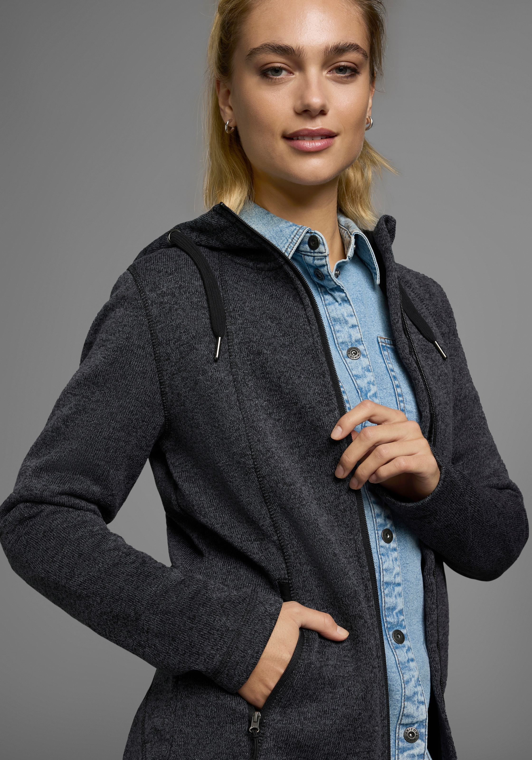 Polarino Strickfleecejacke, mit Kapuze, für kalte Tage, aus Strickfleece, sportlicher Stil