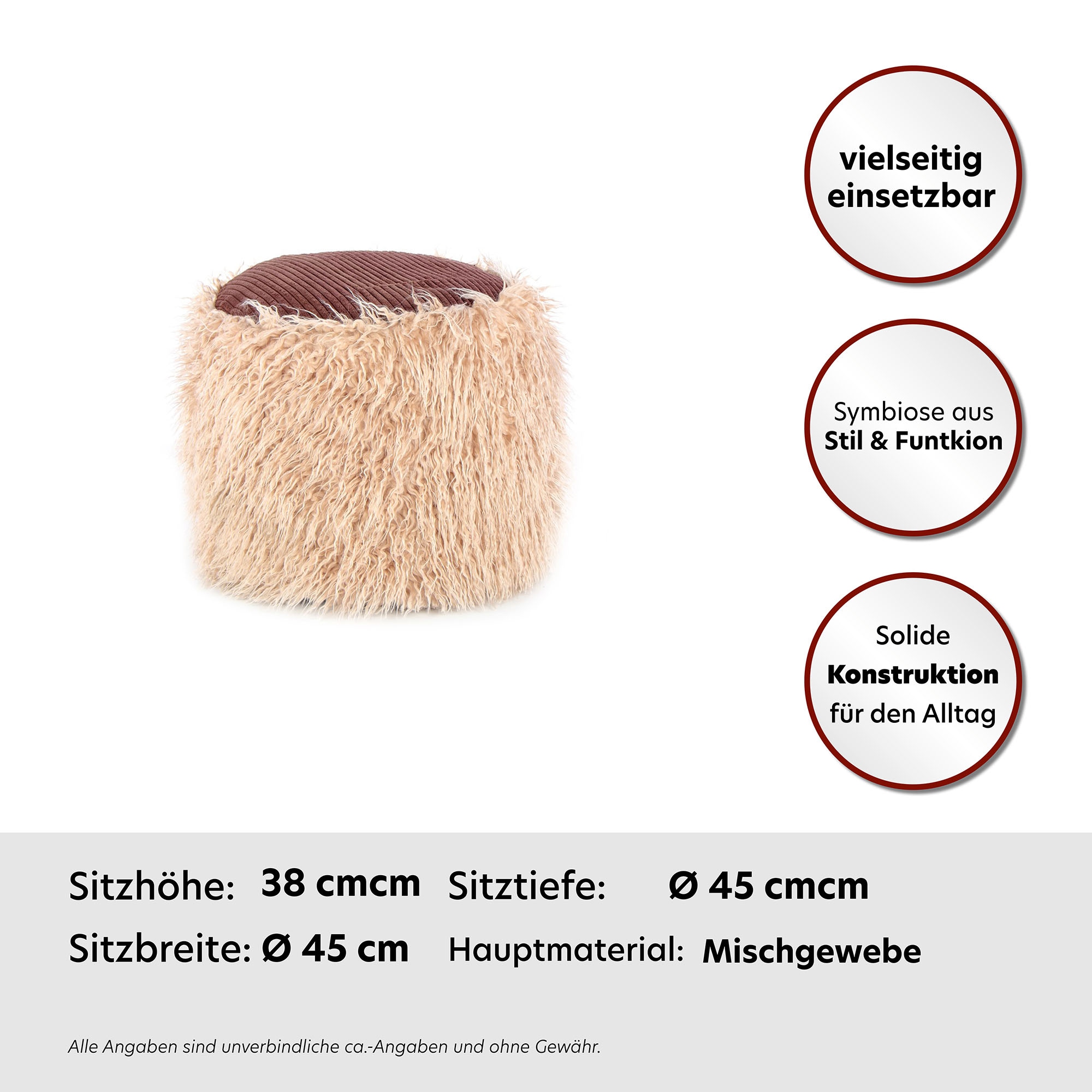 Kayoom Pouf »Fellpouf Bobtail 125, Fellhocker in zweifarbigem Design«, (1 St.), modern, dekorativ, kindersicherer Reissverschluss an der Unterseite