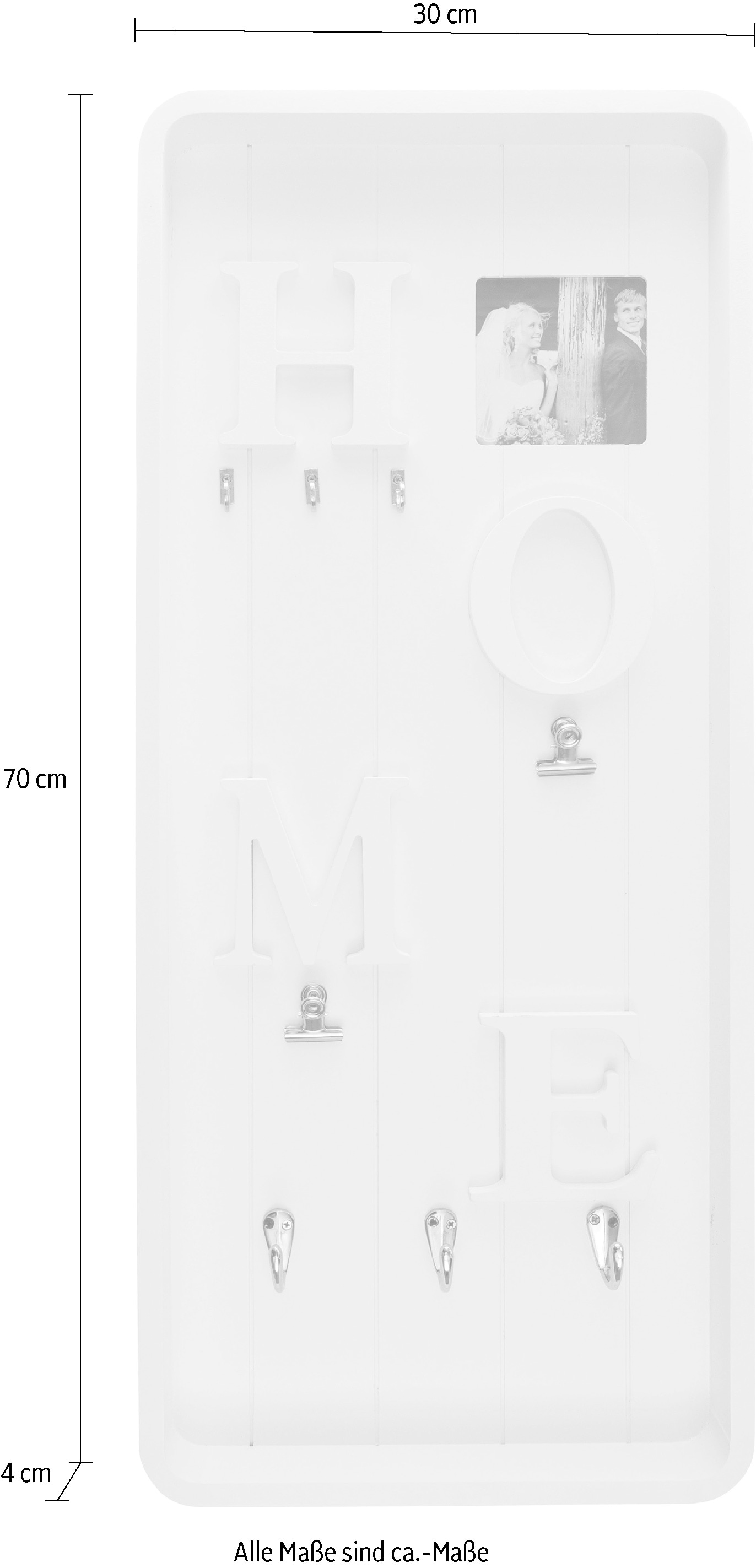 Myflair Möbel & Accessoires Memoboard »Valerina, weiss«, Schlüsselbrett, mit Klemmen & Haken, mit Schriftzug