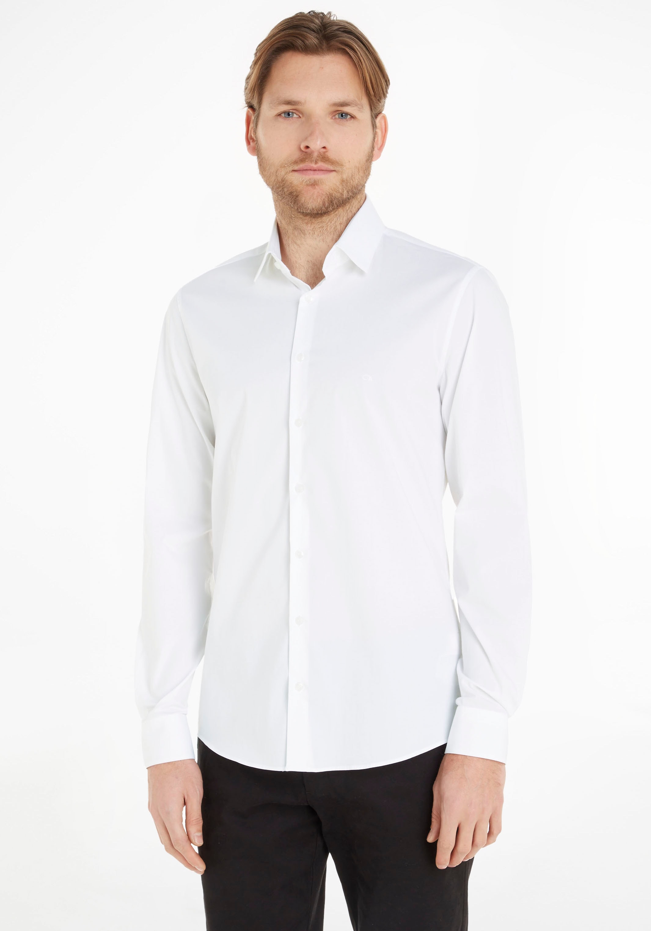 Calvin Klein Businesshemd »POPLIN STRETCH SLIM SHIRT« mit Kentkragen, Logoprint auf Brusthöhe