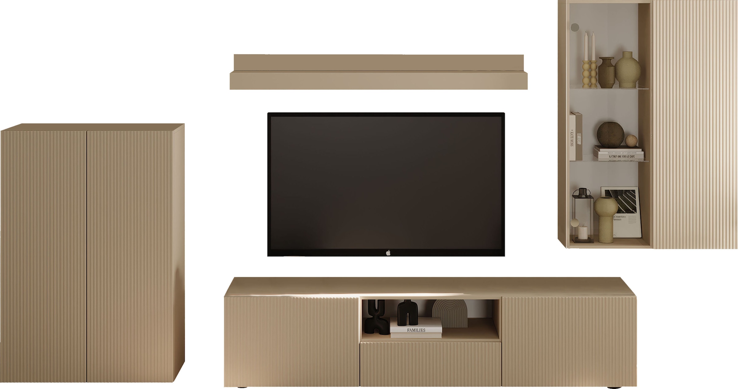 INOSIGN Wohnwand »Rio, 4tlg. Breite 300 cm, modernes, elegantes Wohnzimmer-Set«, (4 St.), (Lowboard, Highboard, Hängevitrine, Wandboard), MDF-Fronten geriffelt