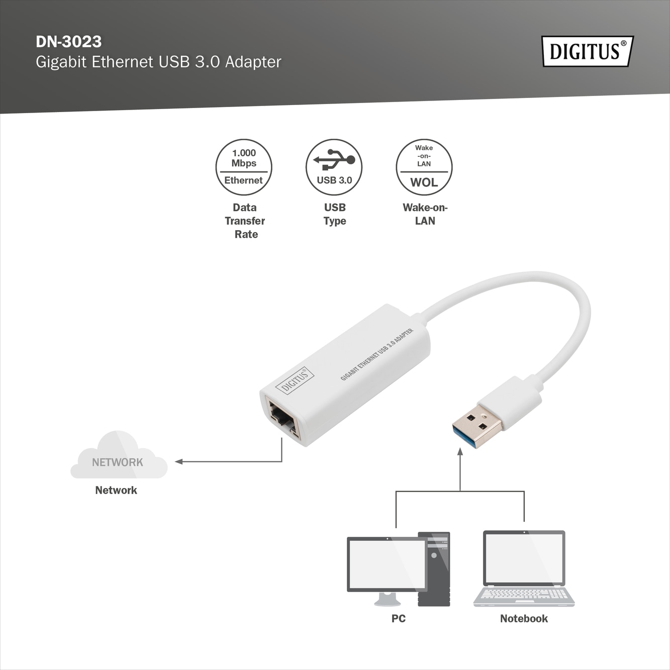 Digitus Netzwerk-Adapter »Gigabit Ethernet USB-3.0-Adapter«, 15 cm