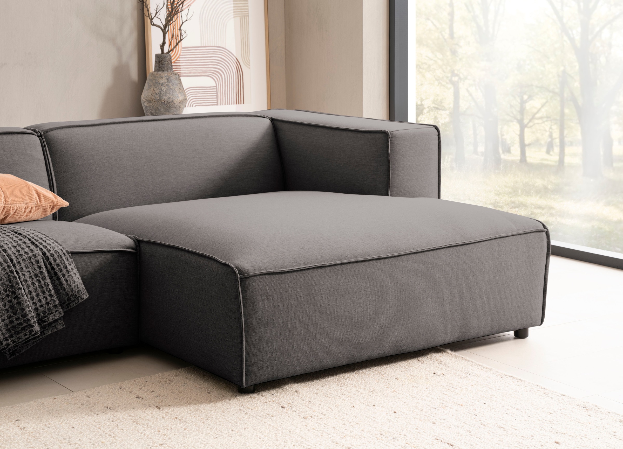 LeGer Home by Lena Gercke Ecksofa »PIARA mit Kedernaht in Cord oder Leinenoptik, moderne Couch in L-Form«, wahlweise Ottomane rechts/links, schwarze Füsse, bequemer Sitzkomfort