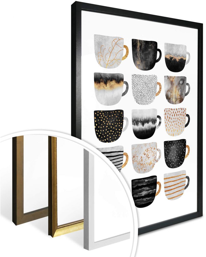 Wall-Art Poster »Kaffeetassen Schwarz Gold«, Geschirr & Besteck, (1 St.), Poster ohne Bilderrahmen