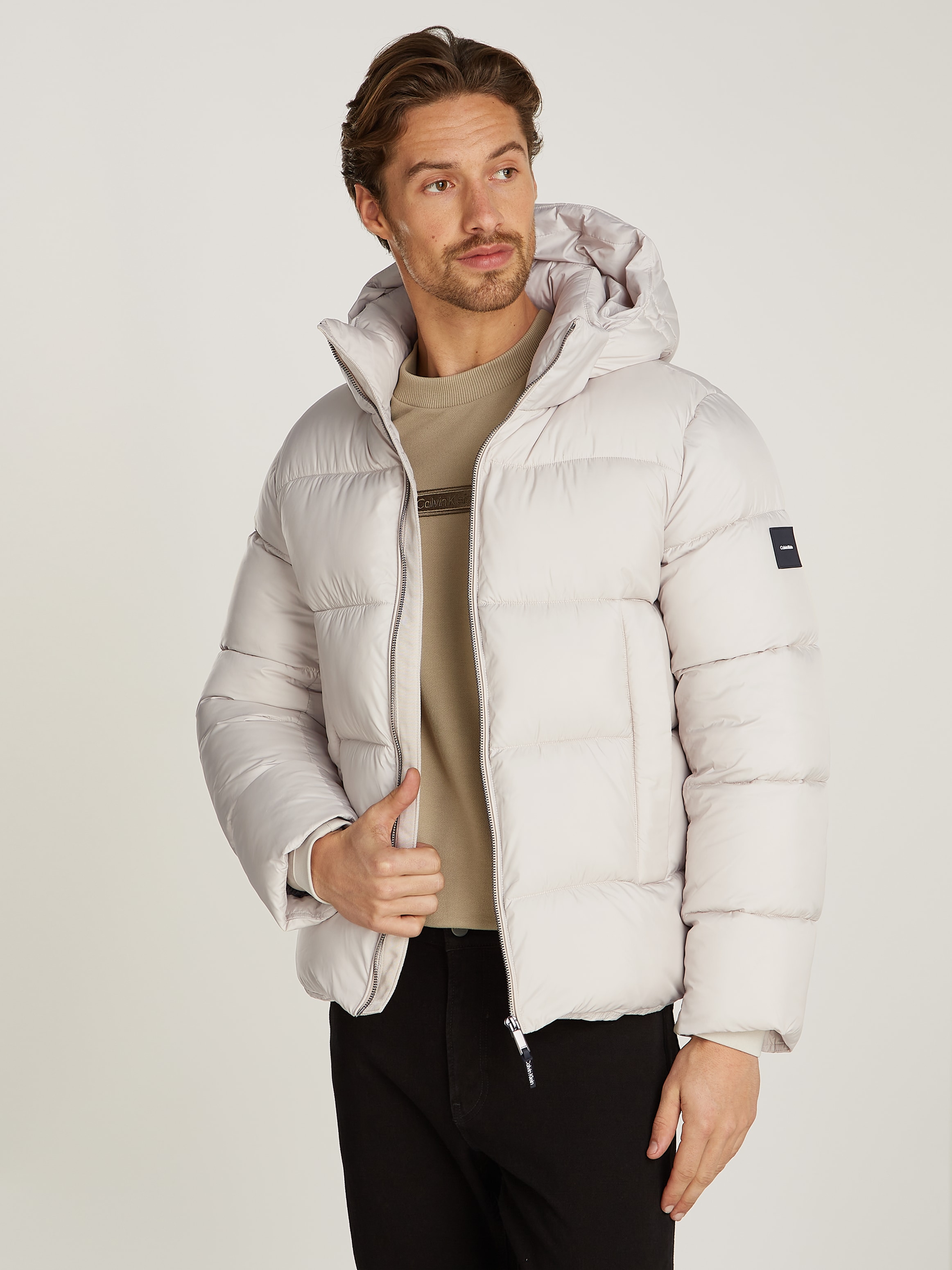 Calvin klein hooded quilted colorblock puffer coat best sale