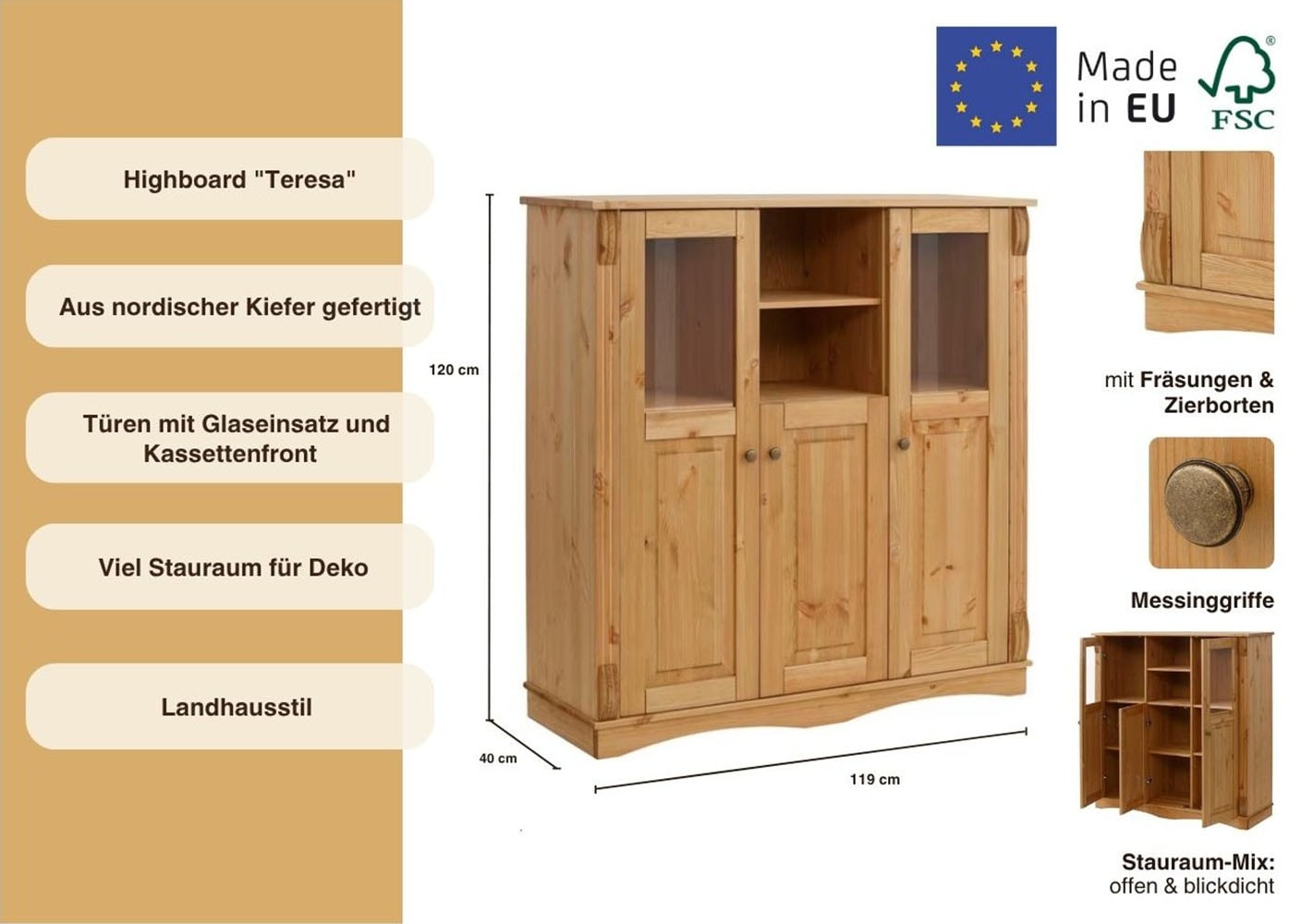 Home affaire Highboard »Teresa«, (Masse (B/T/H): 119/40/120 cm), Vitrine, Türen mit Glaseinsätzen, aus massiver Kiefer, FSC®