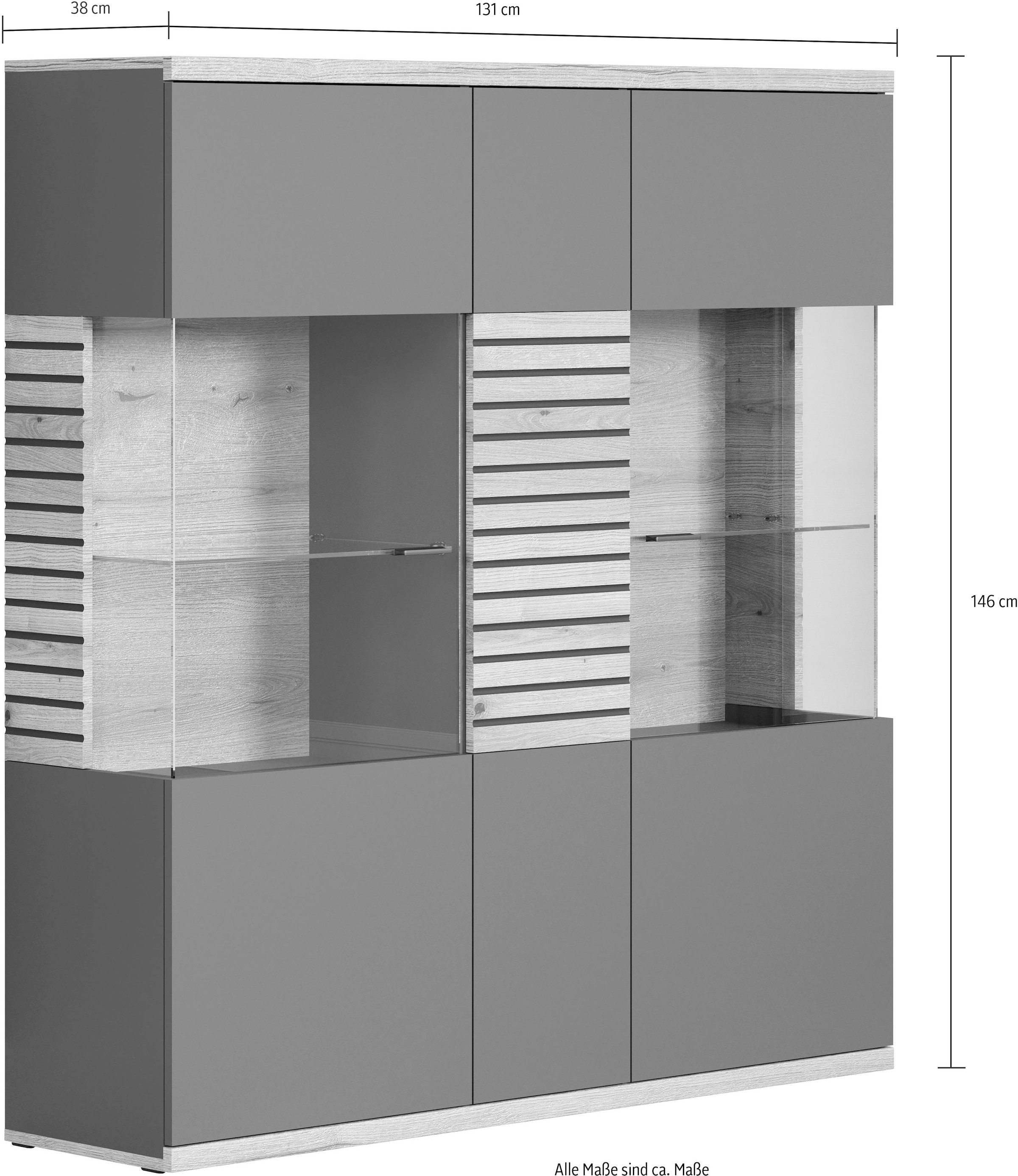 INOSIGN Highboard »Galway«, Breite Wohnzimmervitrine in angesagter Rillenoptik - Soft-Close