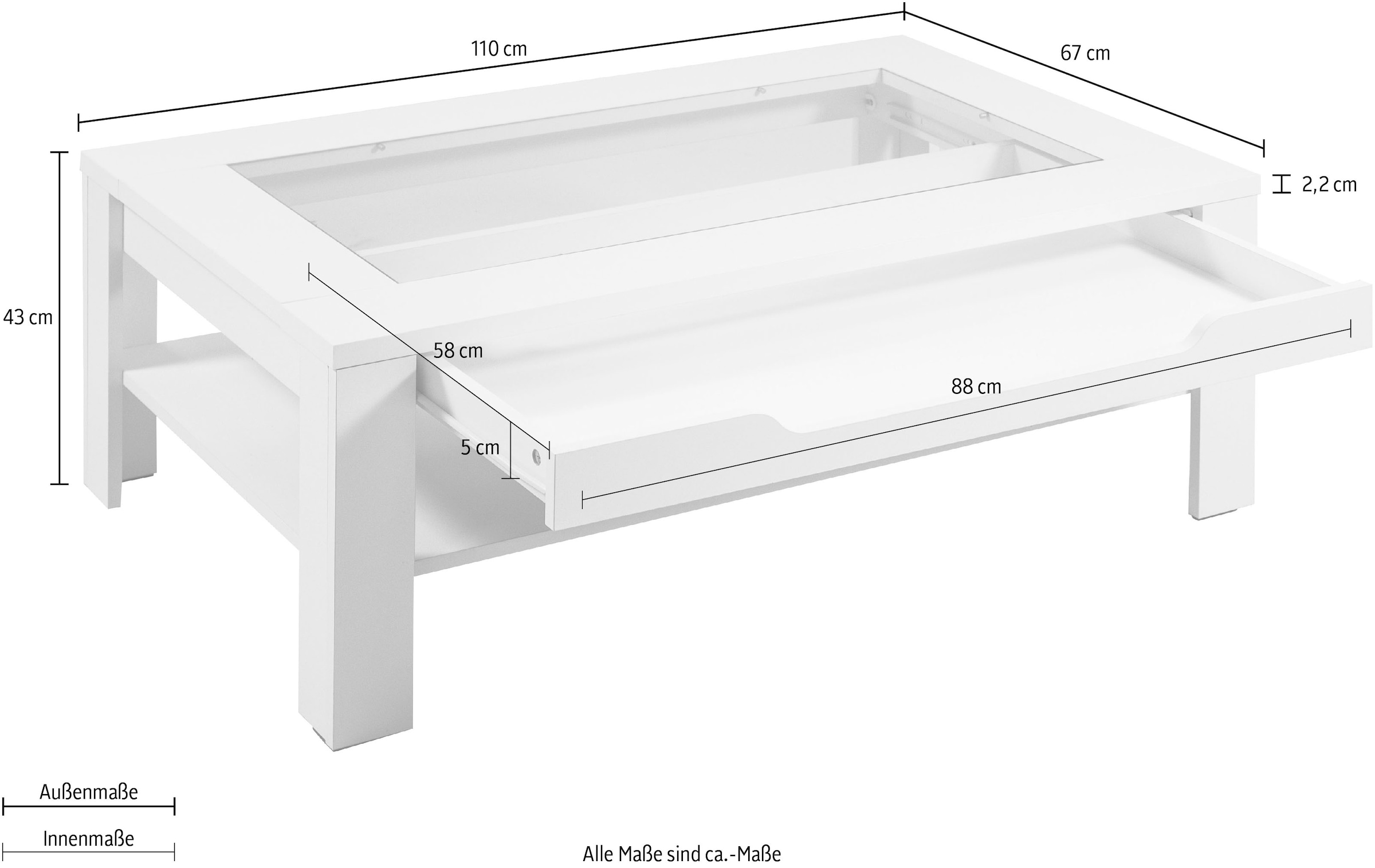 byLIVING Couchtisch »Ralph«, Breite 110 cm, mit Glaseinsatz und Schubkasten