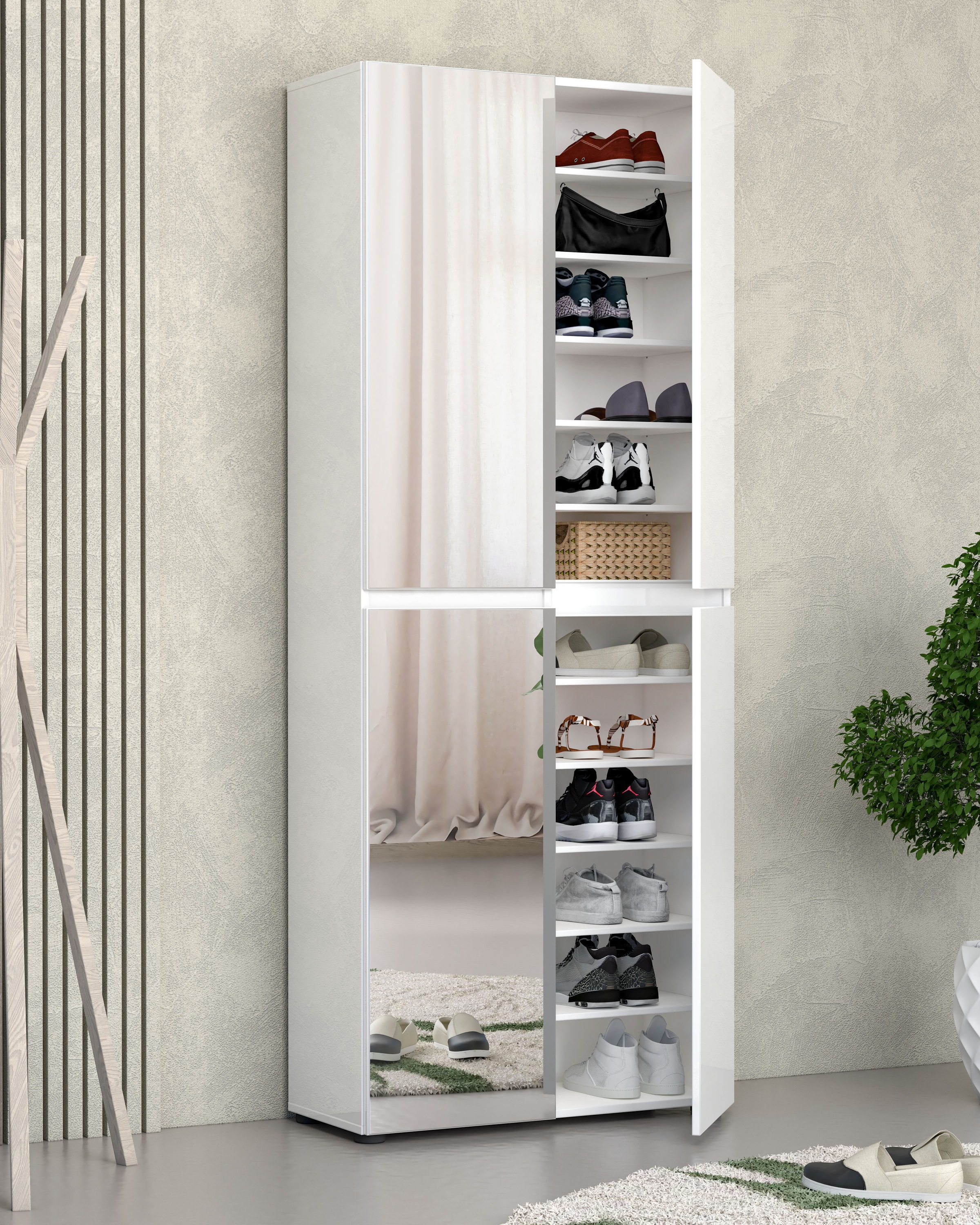 INOSIGN Schuhschrank »Mister,Schuhkommode,Schuhmöbel,Schuhablage,Schuhregal«, Breite 80 cm, Höhe 200 cm, Tiefe 34 cm, 4 Türen, 12 Fächer, 2 Spiegel