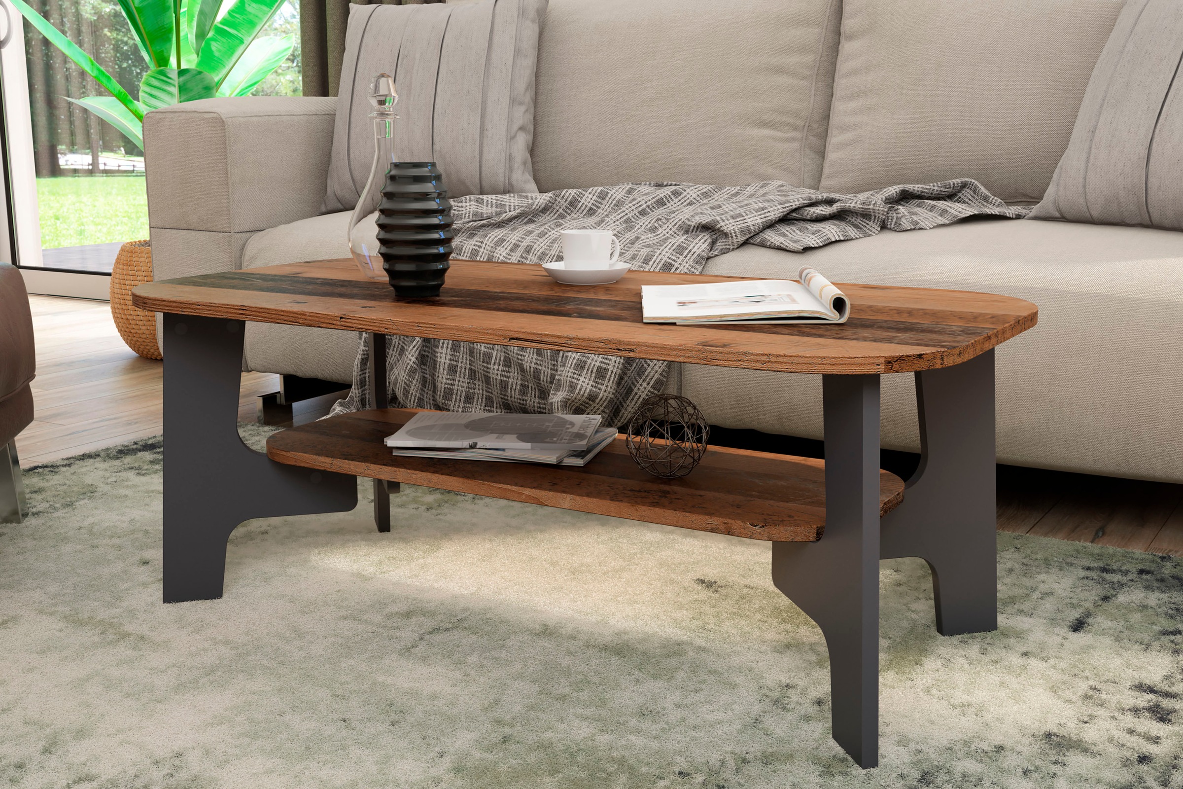 byLIVING Couchtisch "JONNY" Tischplatte Artisan Eiche o. Old Wood, Gestell anthrazit, Ablageboden